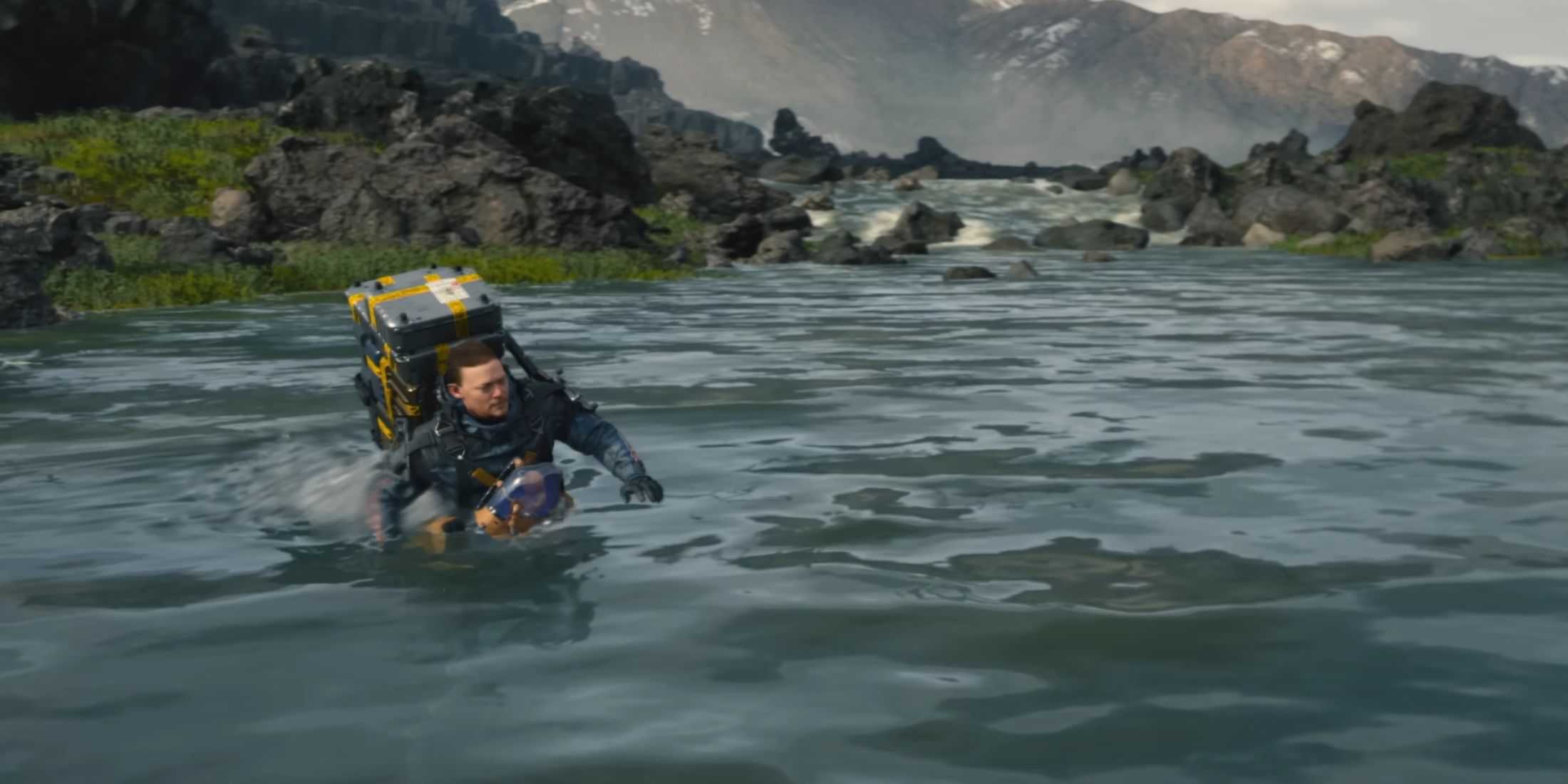 Cliff crossing a river in Death Stranding