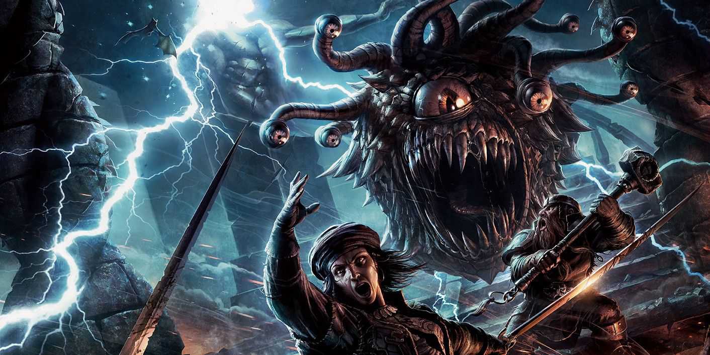 Personagens de Dungeons and Dragons lutam contra um observador na capa do Monster Manual