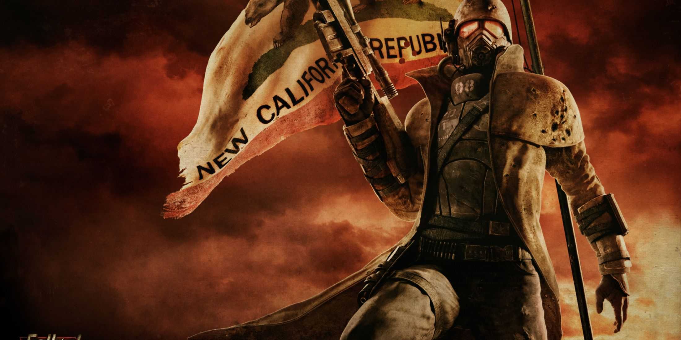 Arte da capa de Fallout: New Vegas do NCR Ranger em frente a uma bandeira da NCR.