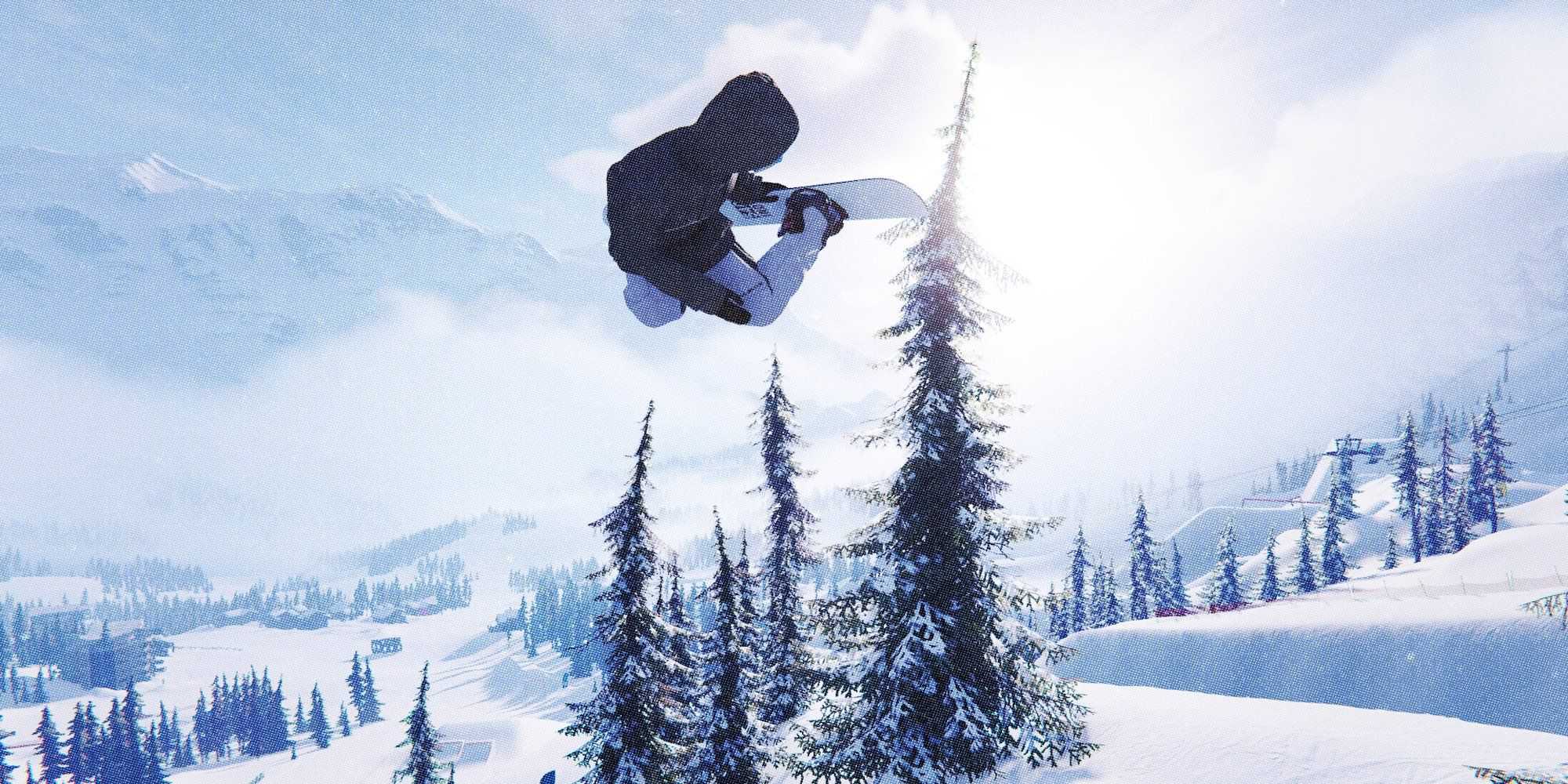 snowboarder catching air above the pine trees