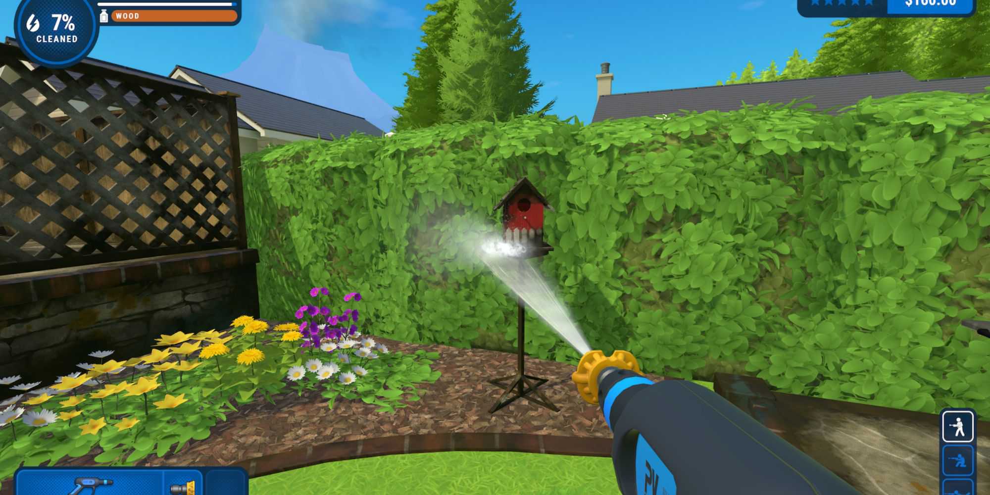 powerwashing a bird house in the yard level in powerwash simulator