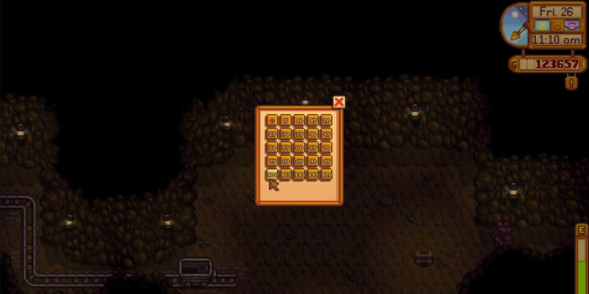 Image of Level 100 on the Mines Elevator in Stardew Valley