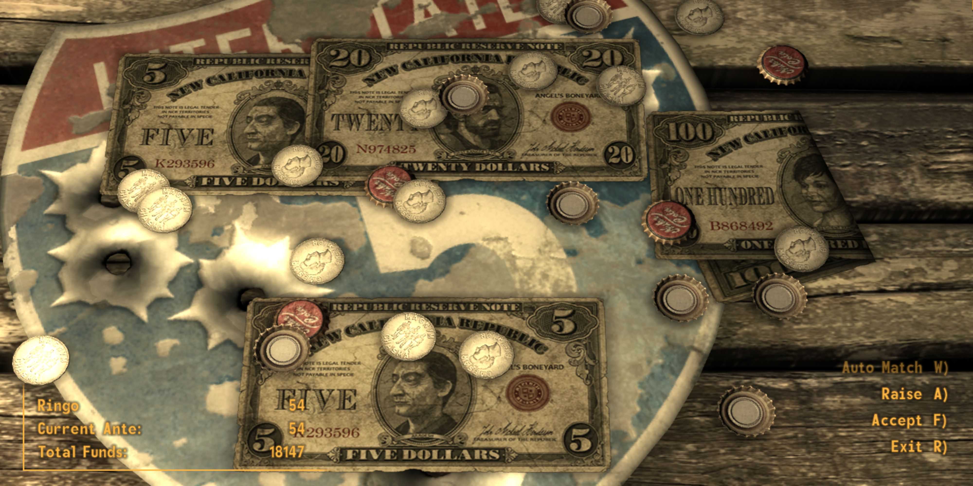 Matching Ringo's bid of 54 caps while playing Caravan in Fallout: New Vegas.