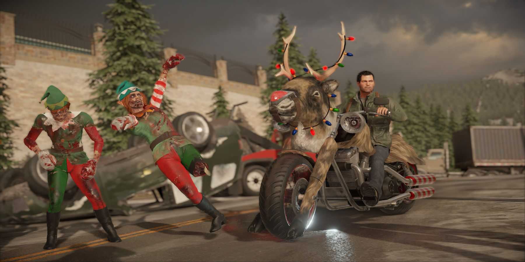 Protagonist Frank West riding a motorcycle dressed like a reindeer towards zombies in elf outfits in a vacant lot.