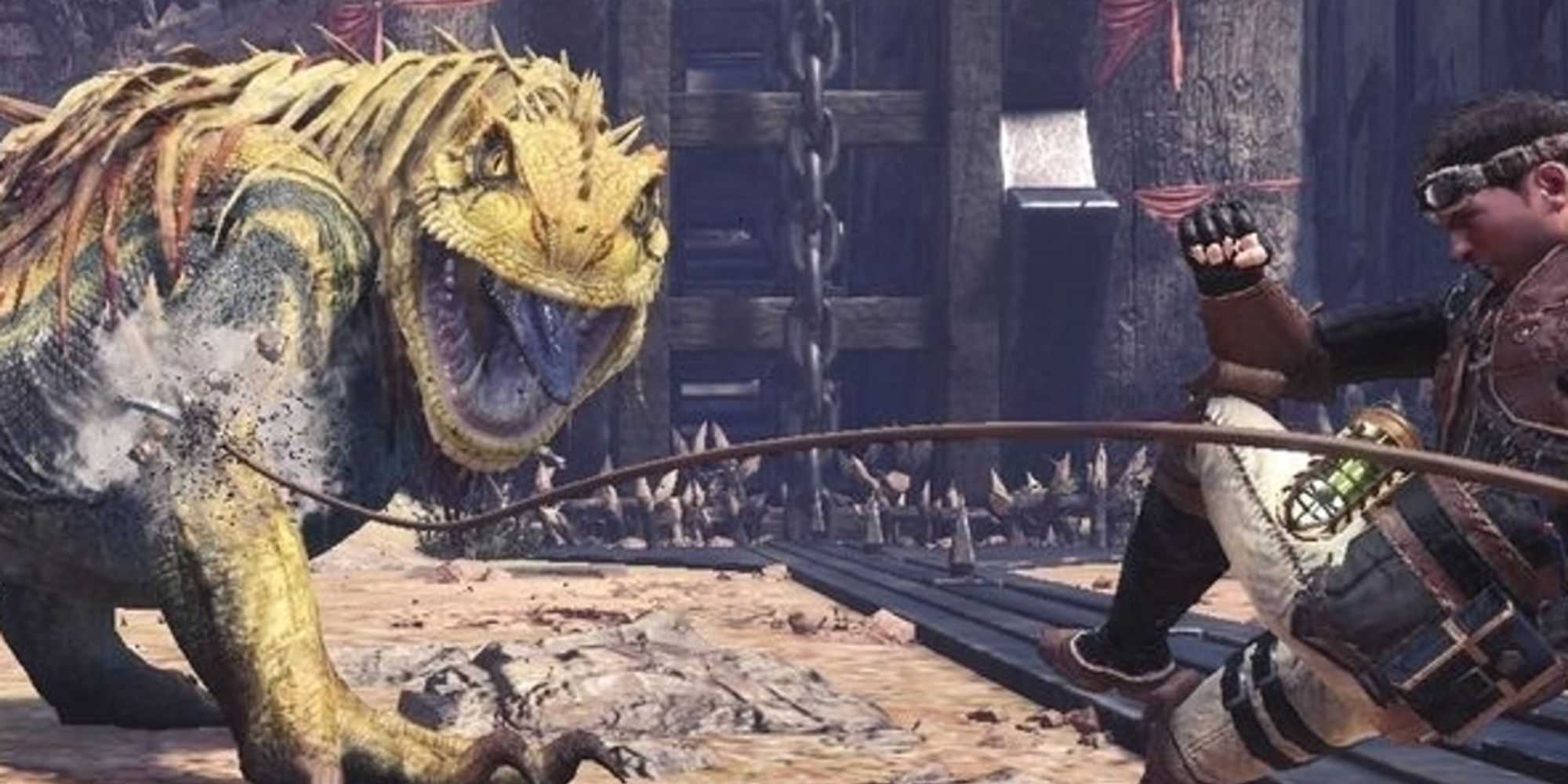 Um caçador lutando contra um Grande Jagras em Monster Hunter World