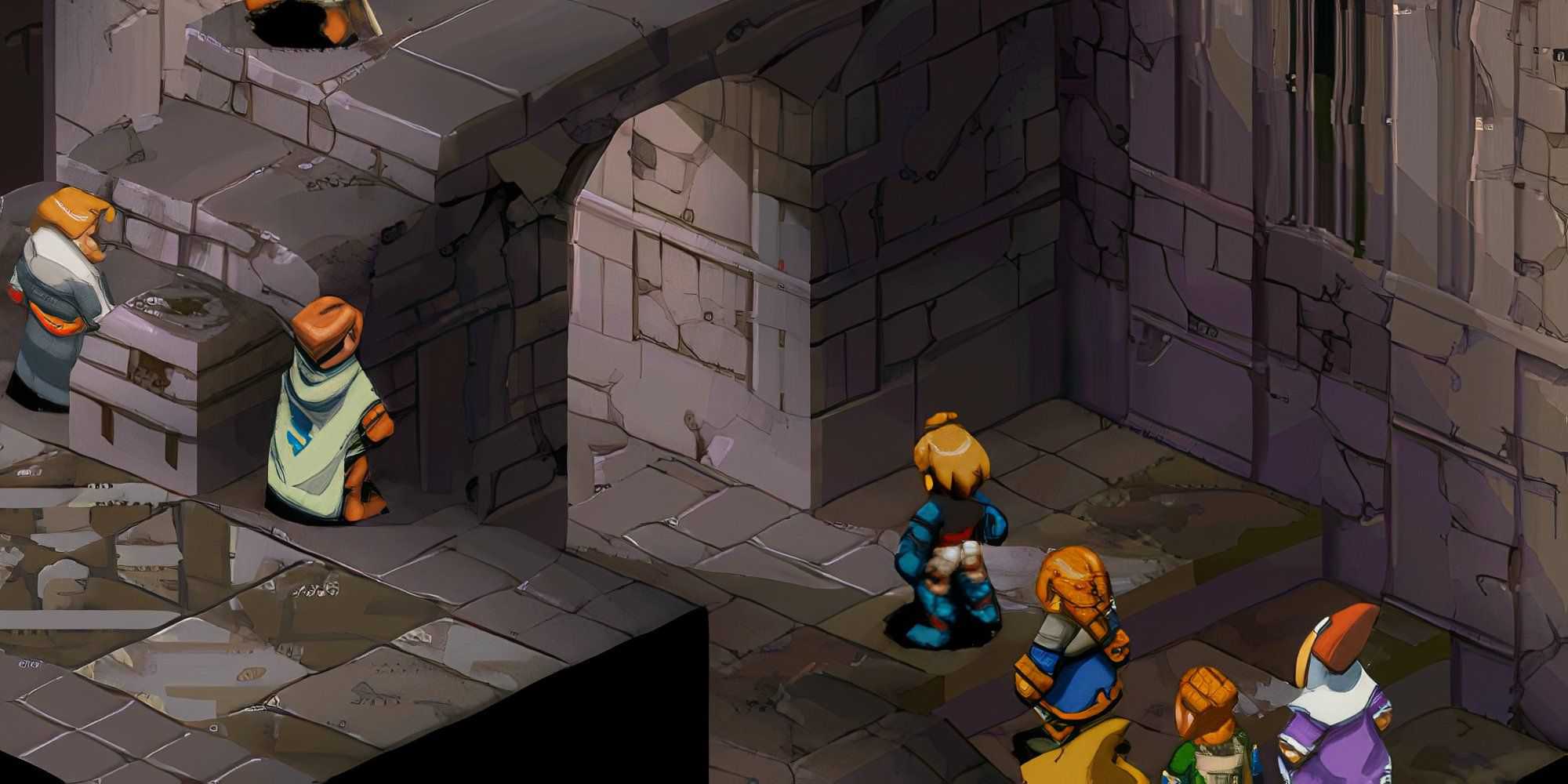 A scene in a castle featuring characters from Final Fantasy Tactics.