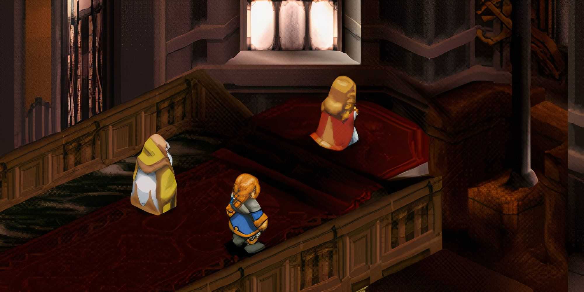 A scene in a church featuring characters from Final Fantasy Tactics.