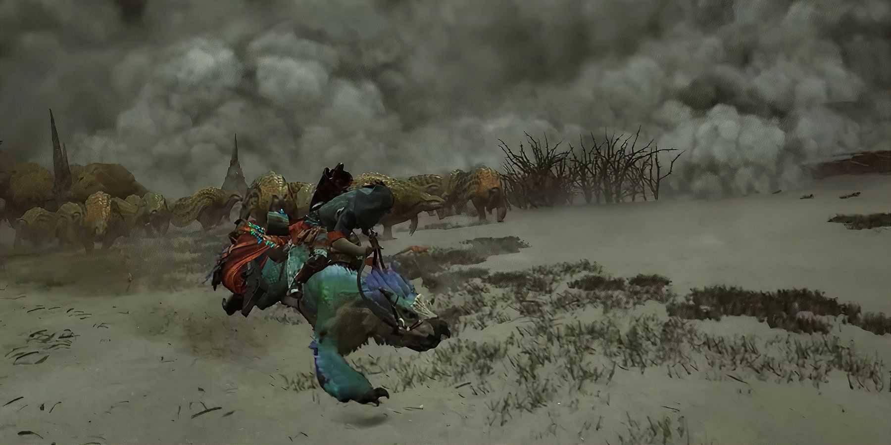 Player outrunning a sandstorm in Monster Hunter Wilds