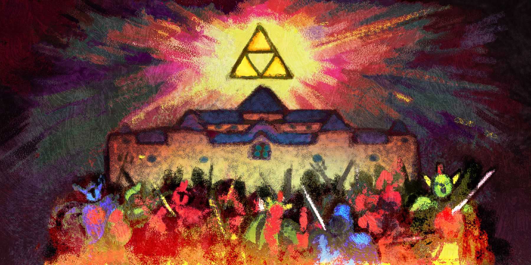 An artistic mural depicting the Triforce over Hyrule during a cutscene from The Legend of Zelda: A Link Between Worlds