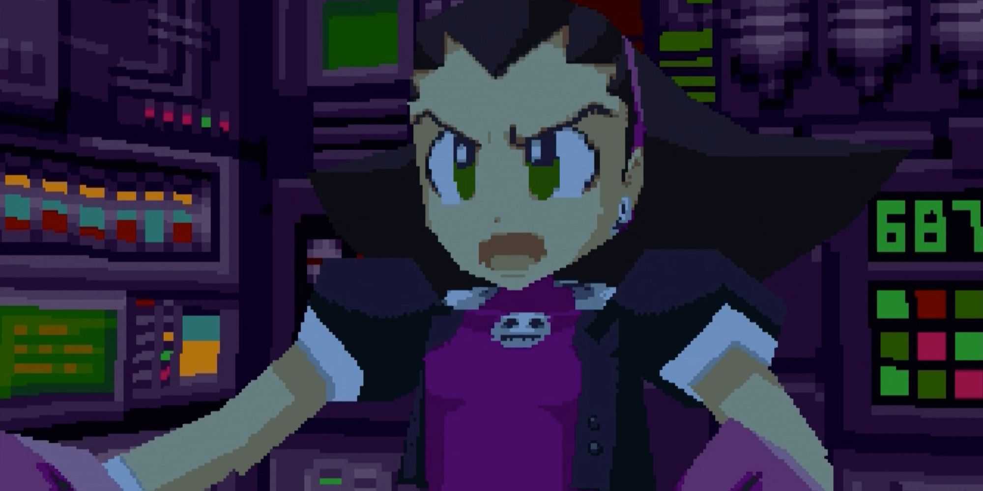 Tron Bonne in a cockpit looking mad