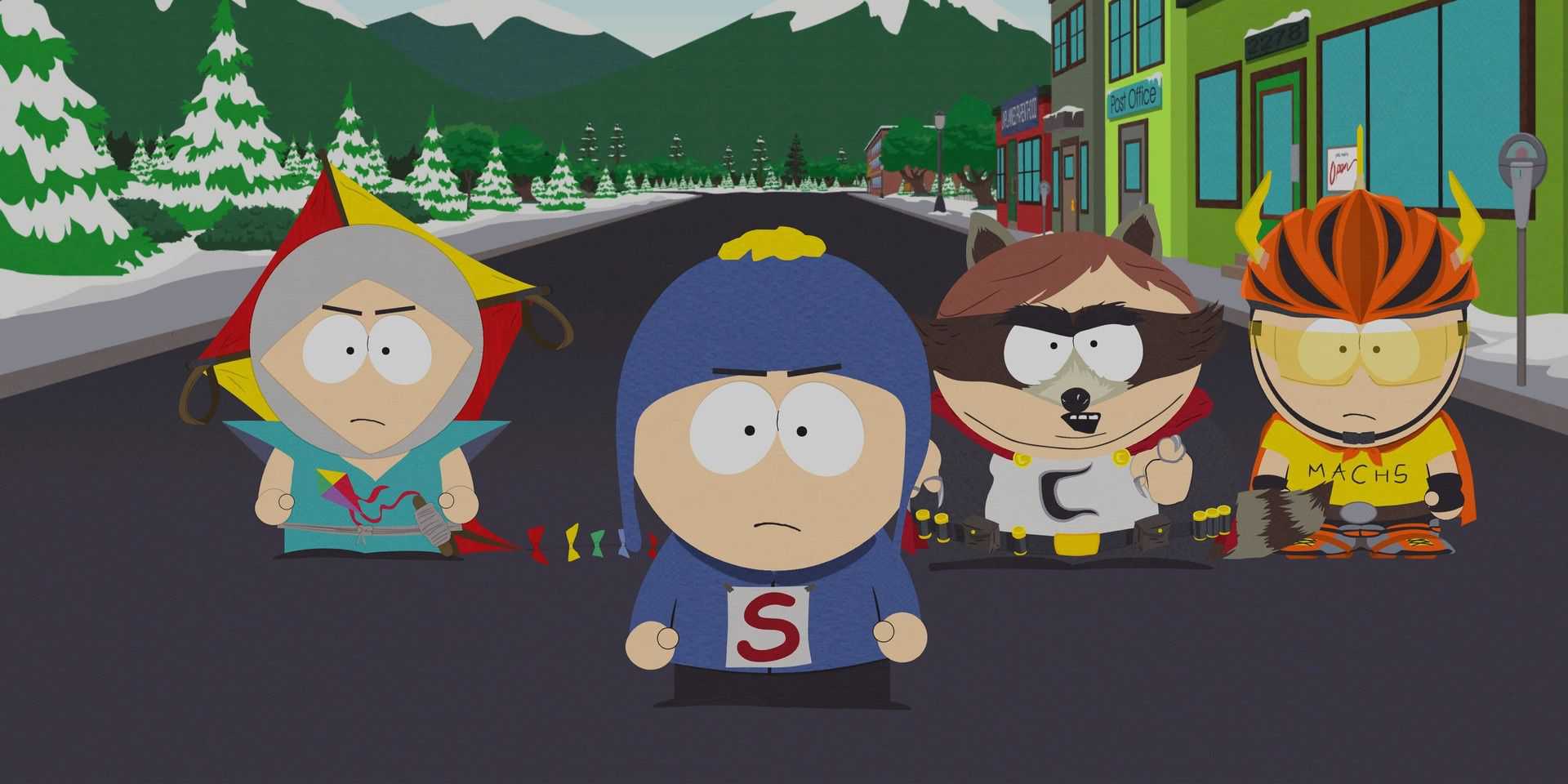 O personagem do jogador, Cartman, e amigos fantasiados em South Park The Fractured But Whole