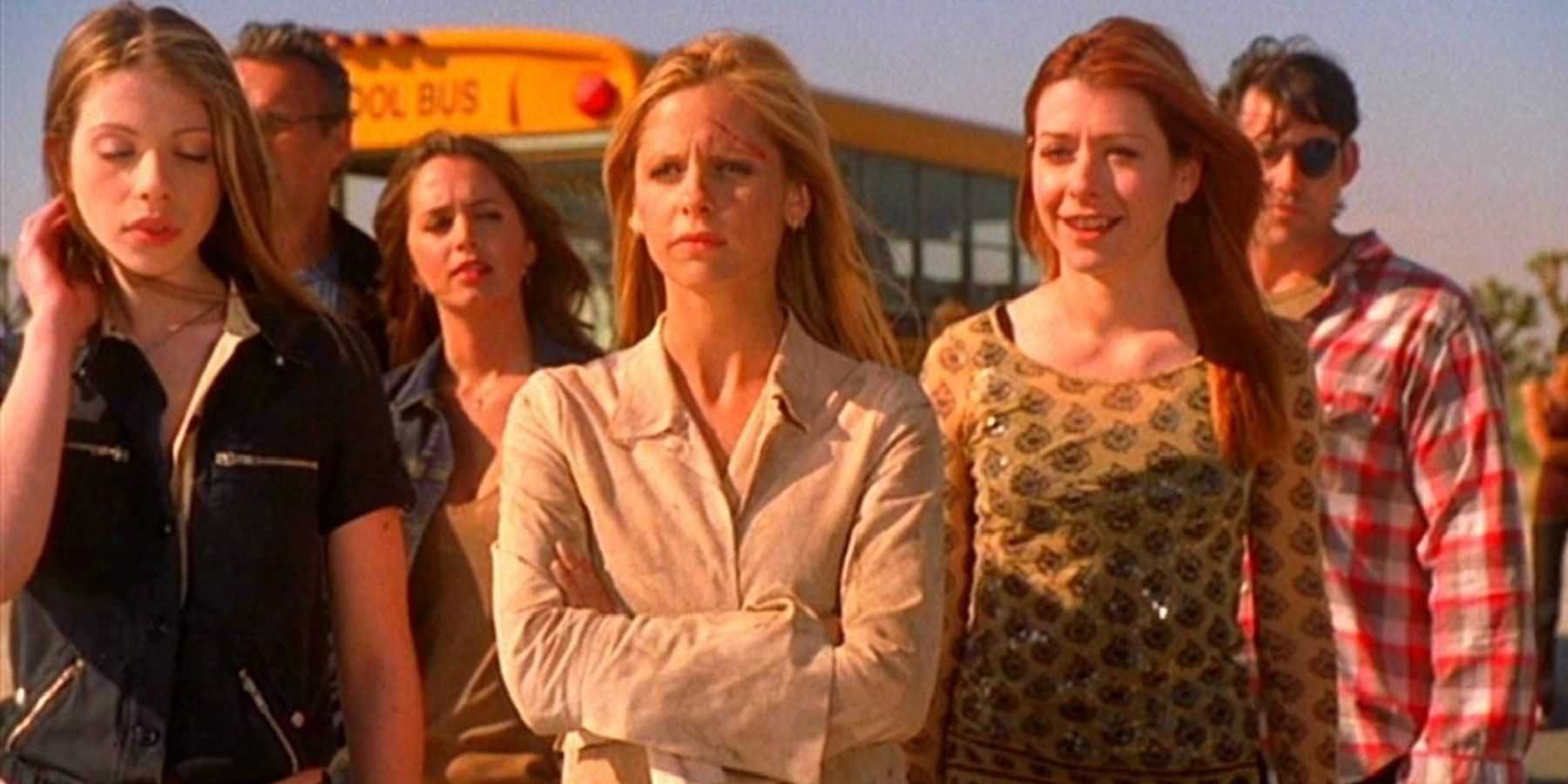 Dawn, Giles, Faith, Buffy, Willow, and Xander in Buffy The Vampire Slayer series finale