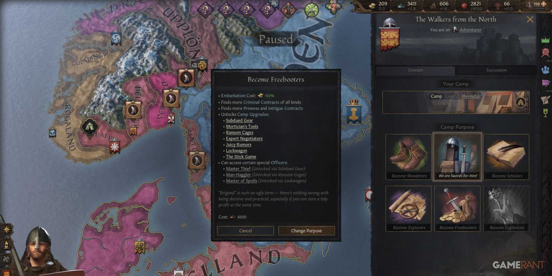 Escolhendo um propósito de acampamento como Aventureiros Sem Terra em Crusader Kings 3, afetando contratos e atualizações