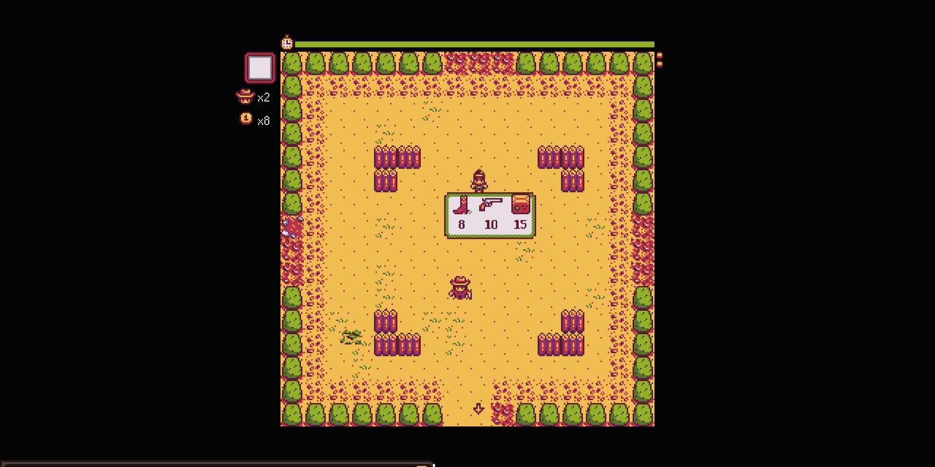 Imagem das três atualizações que você pode obter em Journey of the Prairie King em Stardew Valley