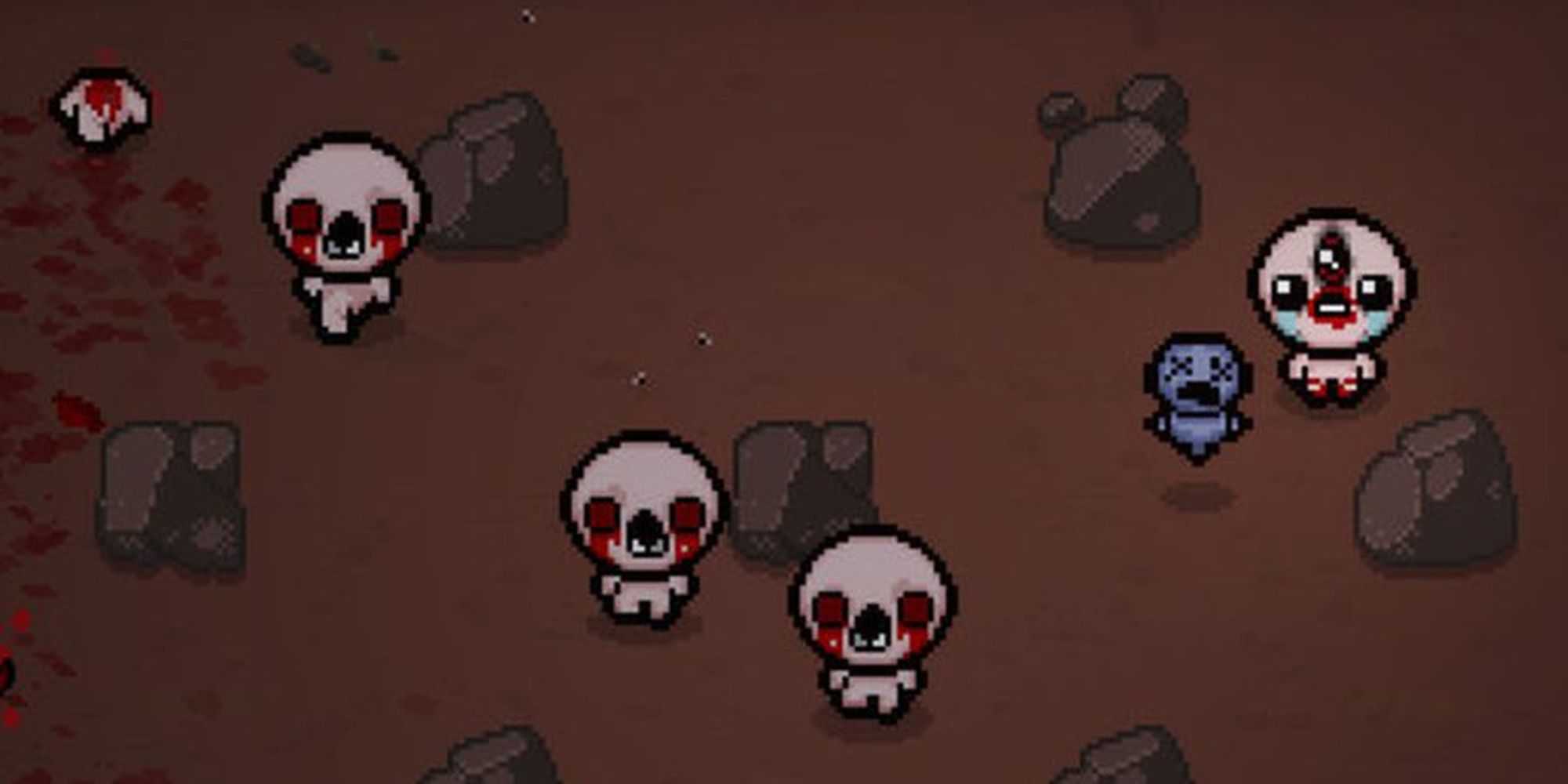 The Binding of Isaac: Repentance. Isaac stands on one side of the room. A few enemies patrol around the rocks in the center.