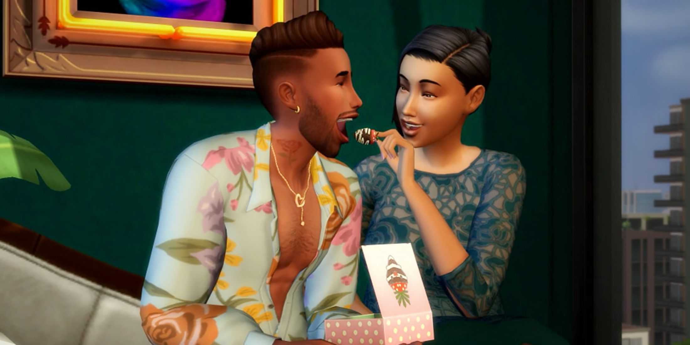 The Sims 4 Lovestruck Expansion roamntic partners eating chocolate strawberries