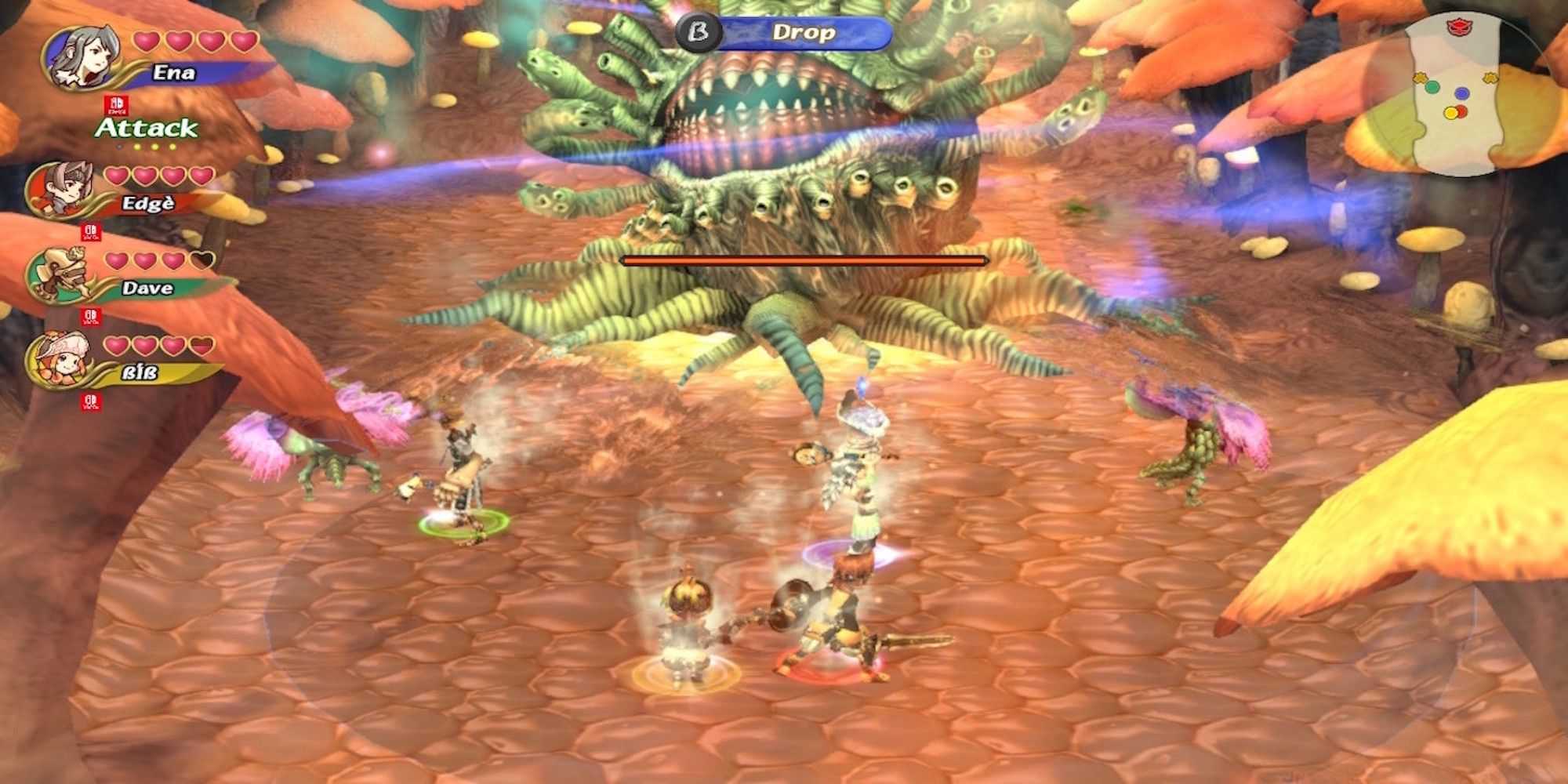 Lutando contra um chefe em Final Fantasy Crystal Chronicles