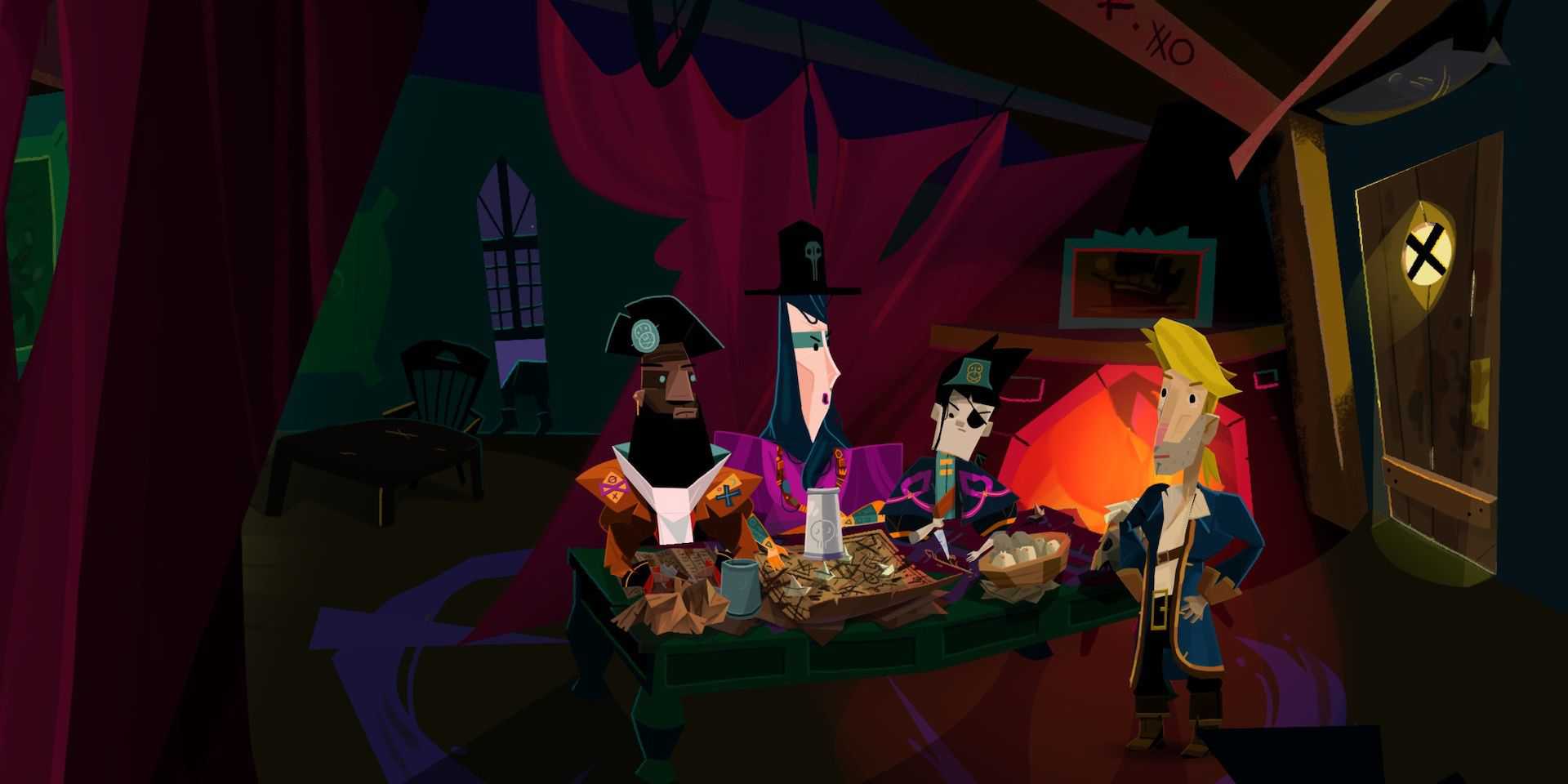 Uma mesa cheia de novos piratas conversando com Guybrush Threepwood em Return to Monkey Island