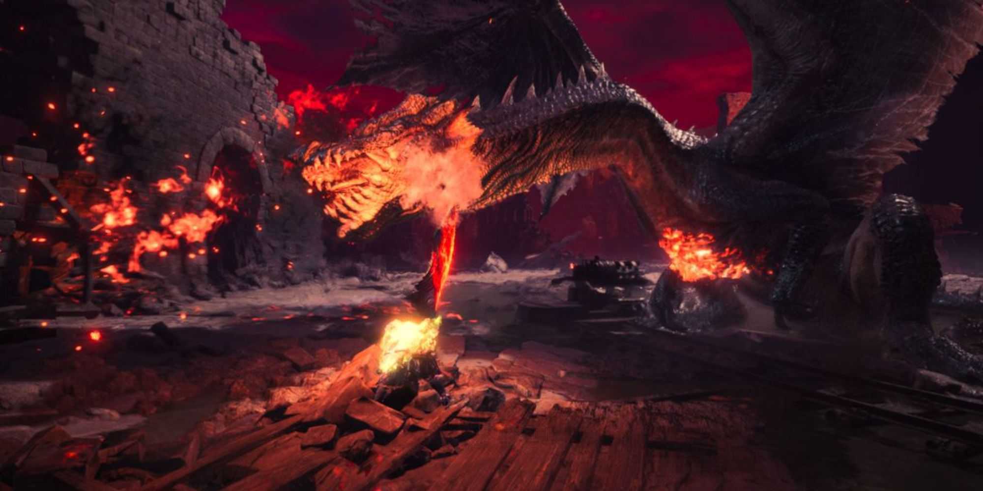 Um caçador balançando uma arma de fogo em um Fatalis em Monster Hunter World