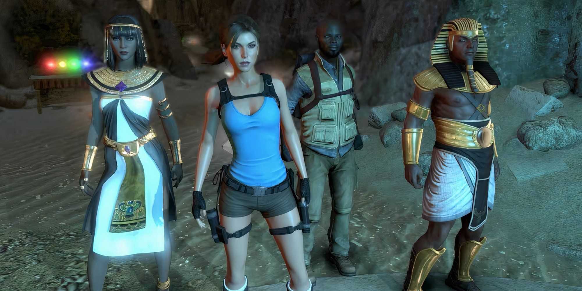 Uma cena com personagens de Lara Croft e o Templo de Osíris