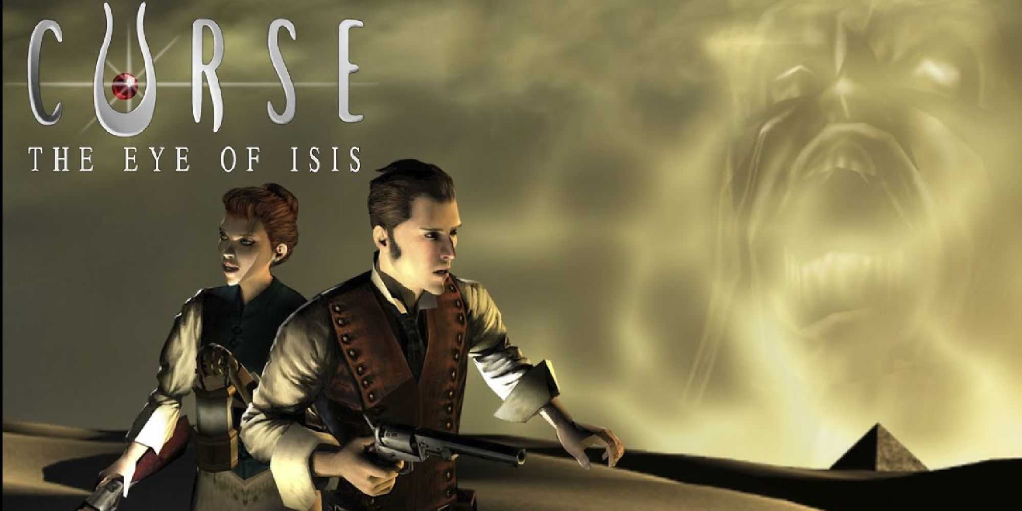 Title screen of the game bearing the title and two of the main characters in Curse: The Eyes of Isis