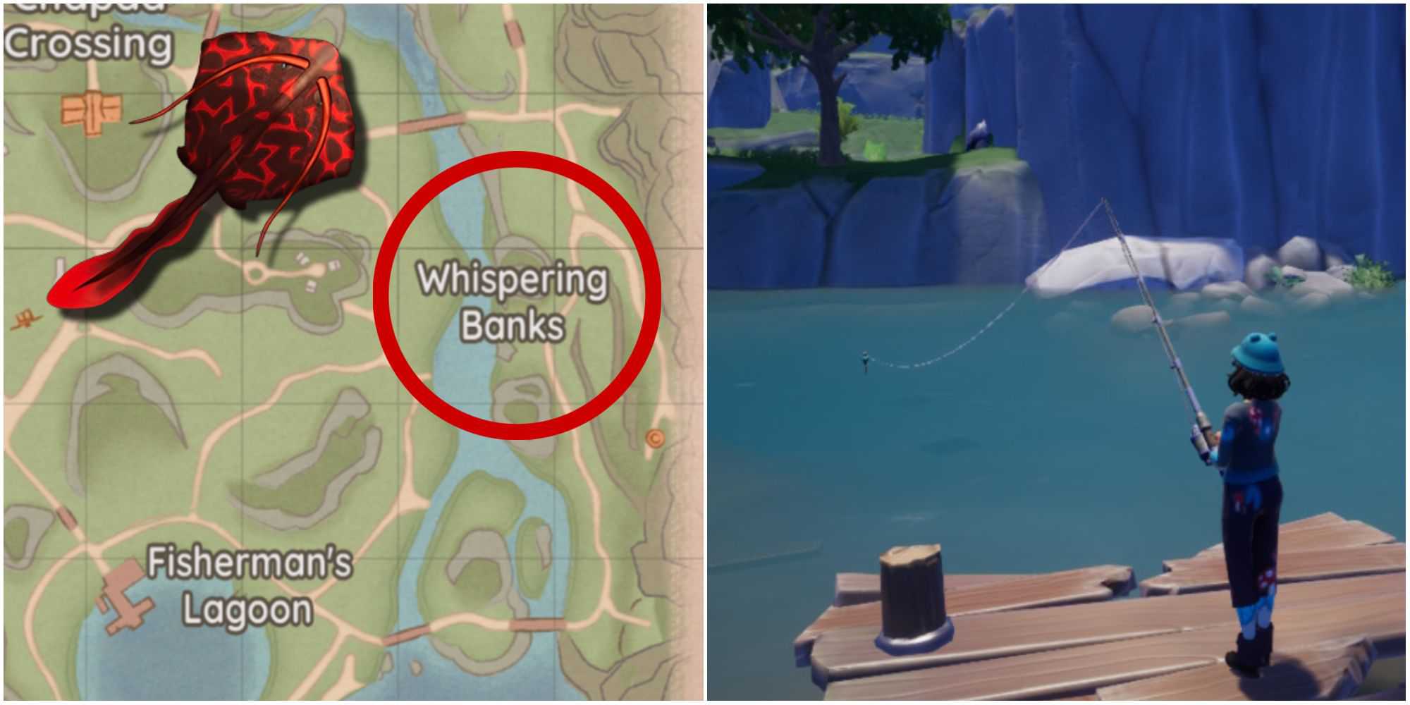 O destaque do mapa e um personagem pescando nas docas do Whispering Banks