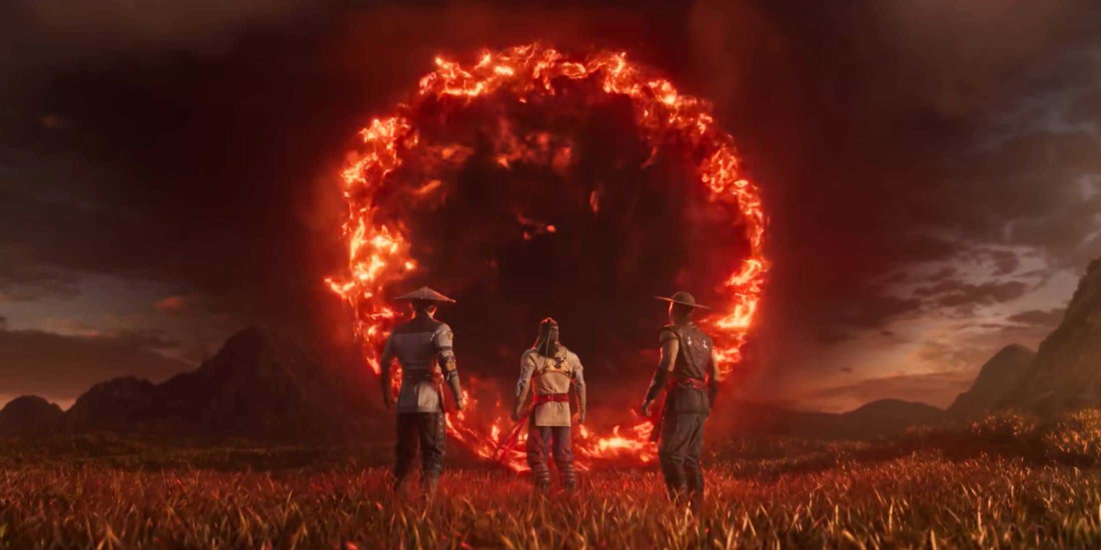 Raiden, Liu Kang, and Kung Lao in front of a fiery portal in Mortal Kombat 1's trailer