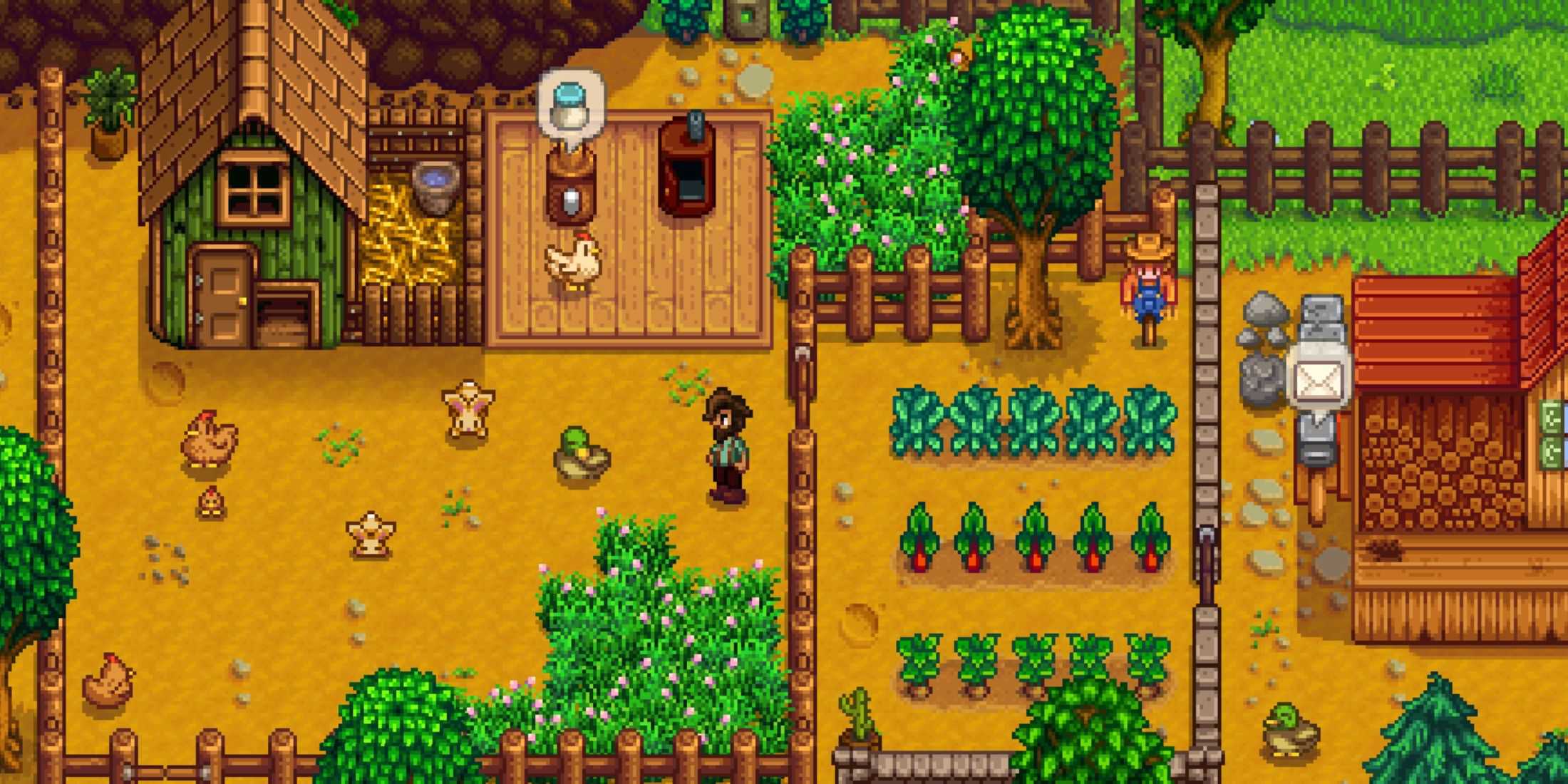 A farm in Stardew Valley