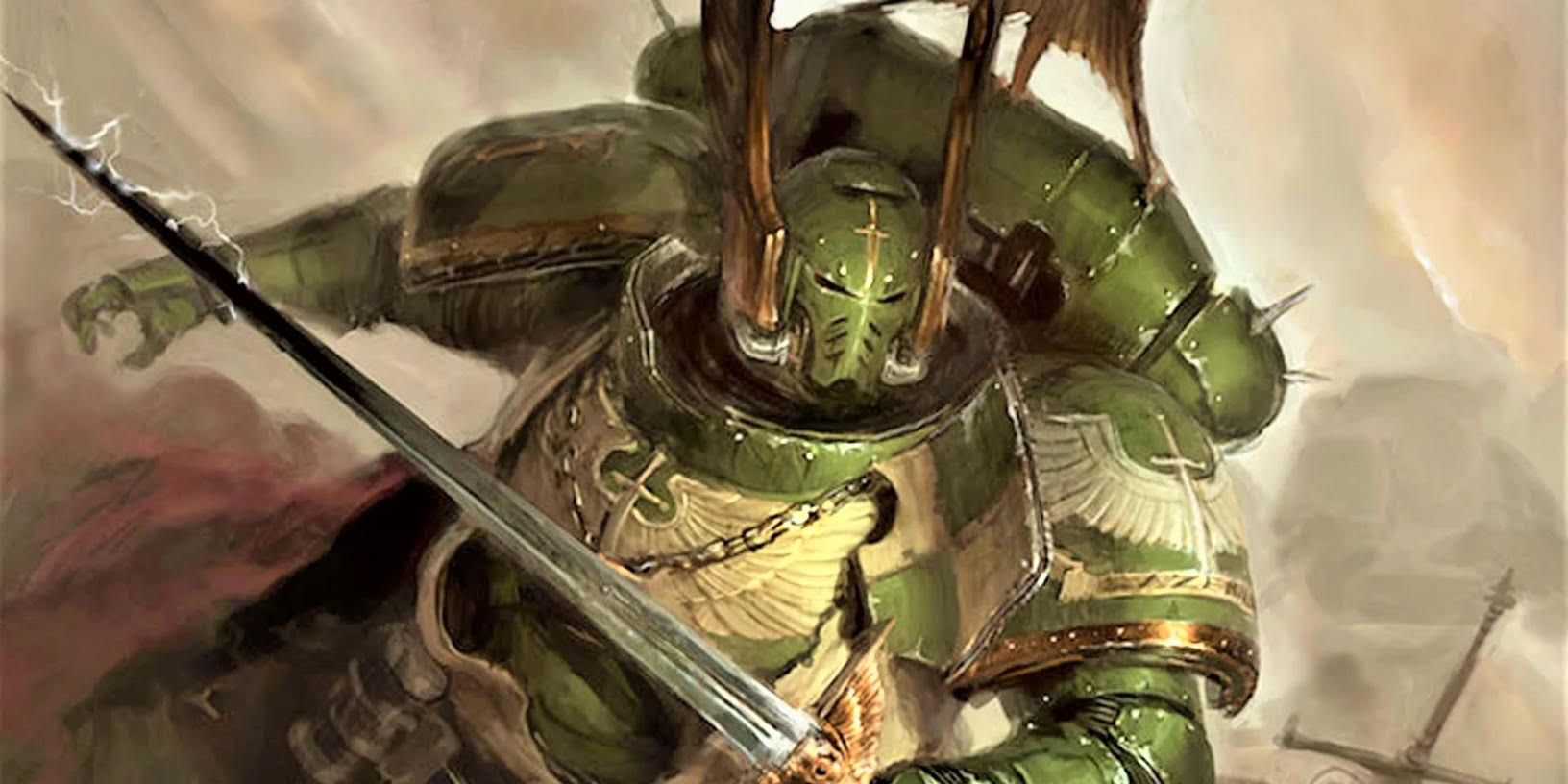 Um fuzileiro naval dos Dark Angels carrega sua espada que crepita com energia