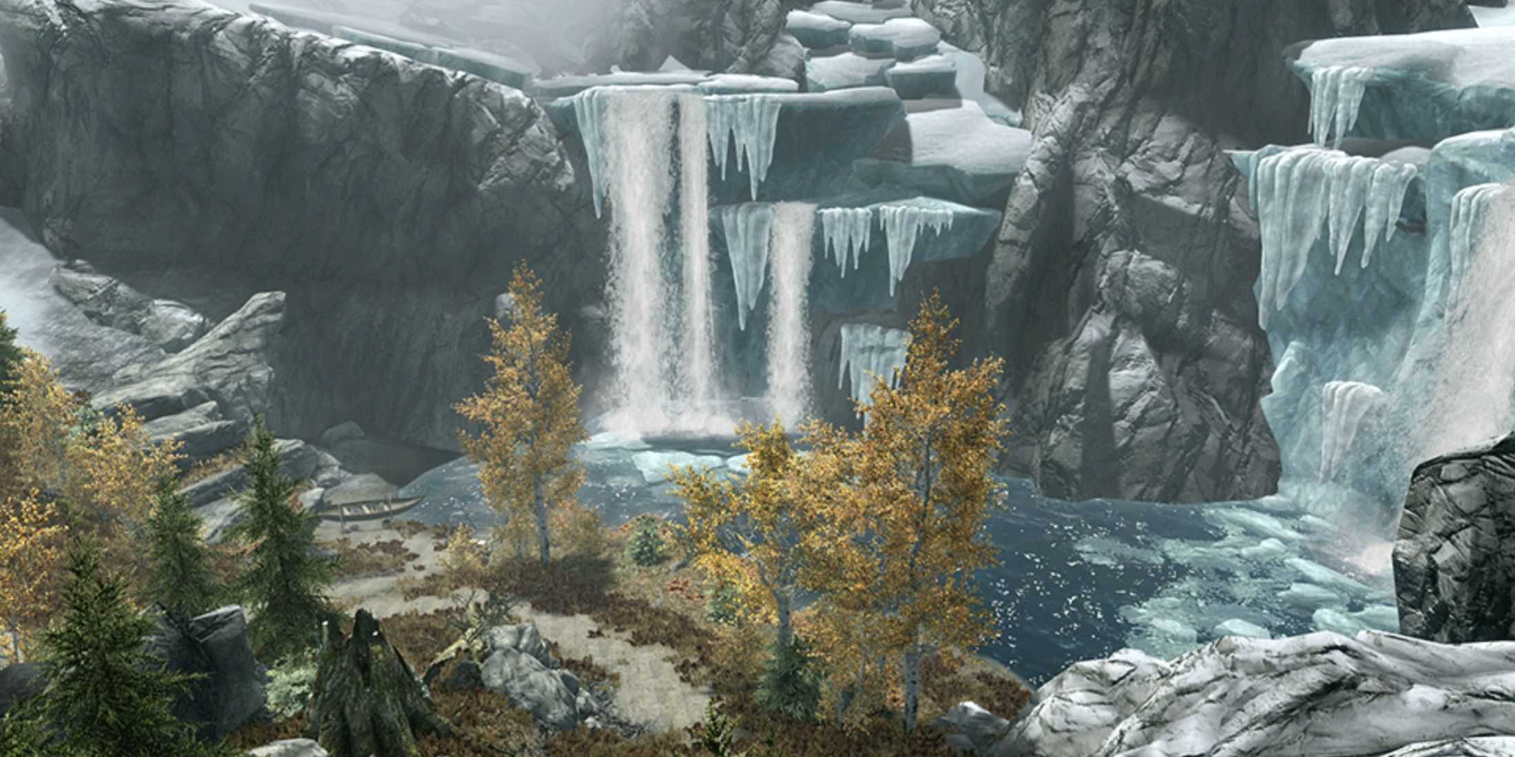 Skyrim waterfalls forming a river 