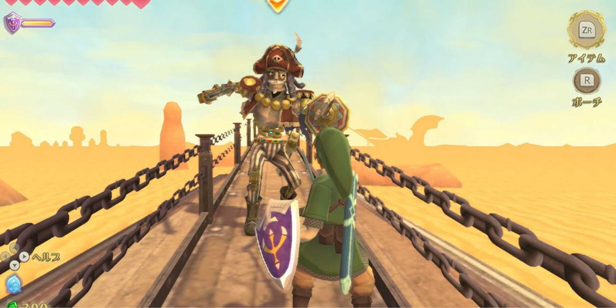 Link enfrenta um inimigo, uma batalha que é afetada pelos controles de movimento do jogo.