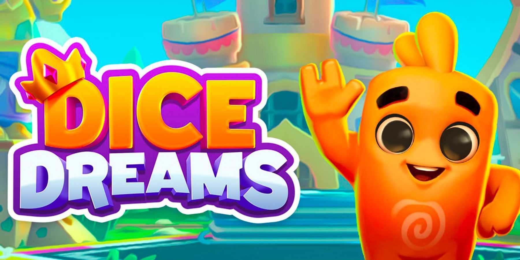 O logotipo da Dice Dreams ao lado de uma criatura alienígena laranja acenando com a mão