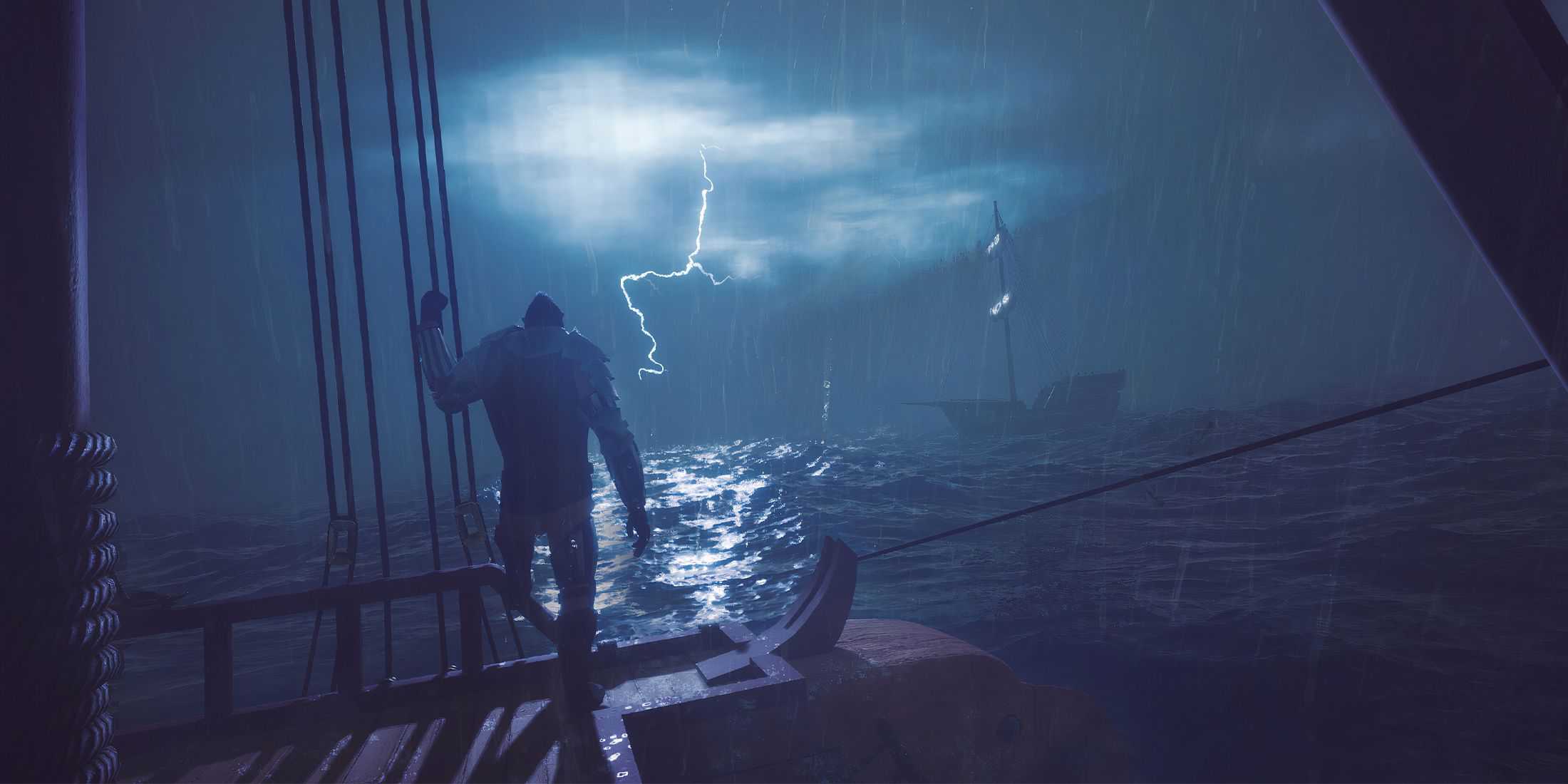 Character on a boat in a storm in The Wayward Realms