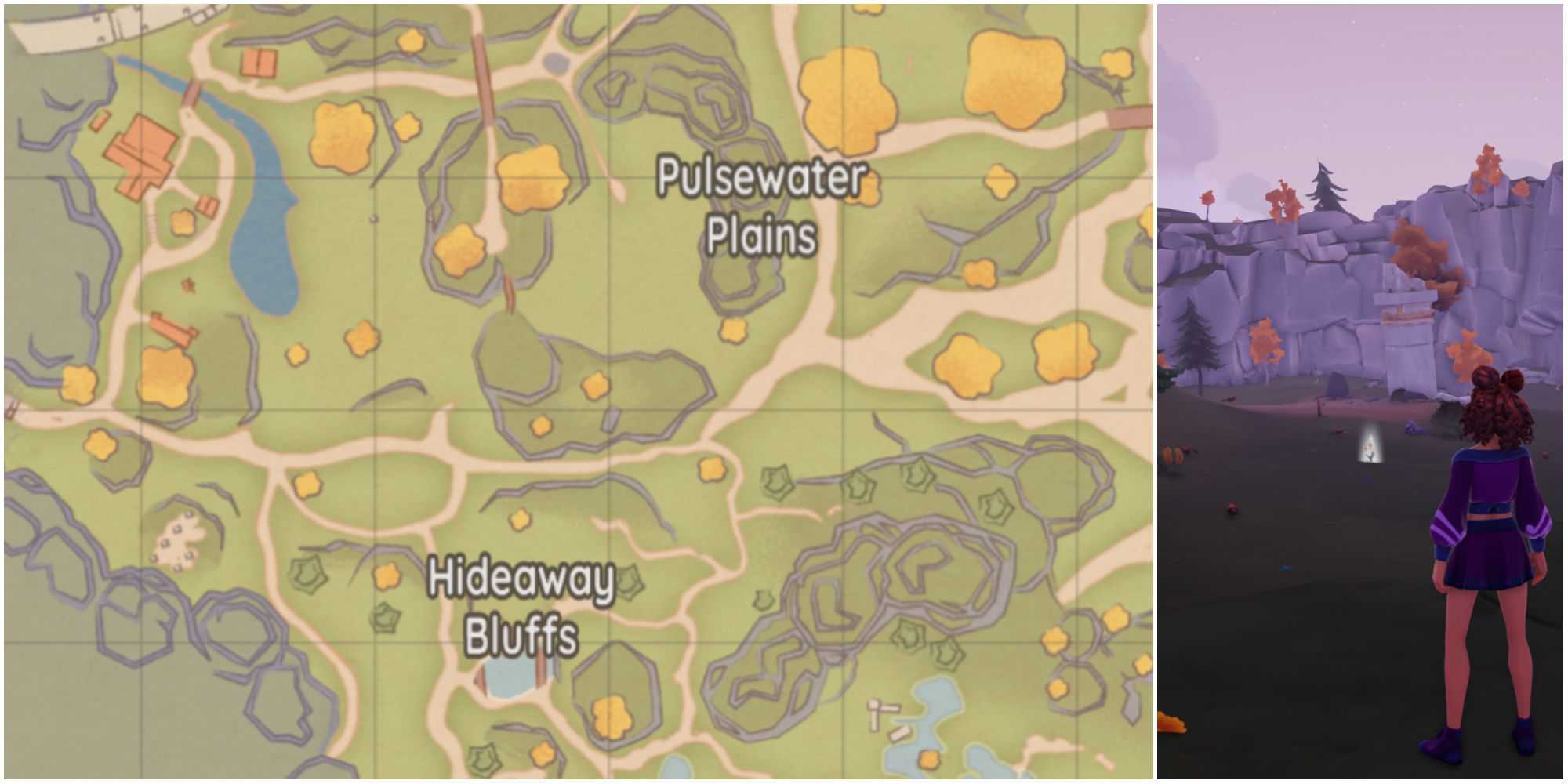 Um mapa mostrando Pulsewater Plains e Hideaway Bluffs, a melhor área na Baía de Bahari para capturar insetos