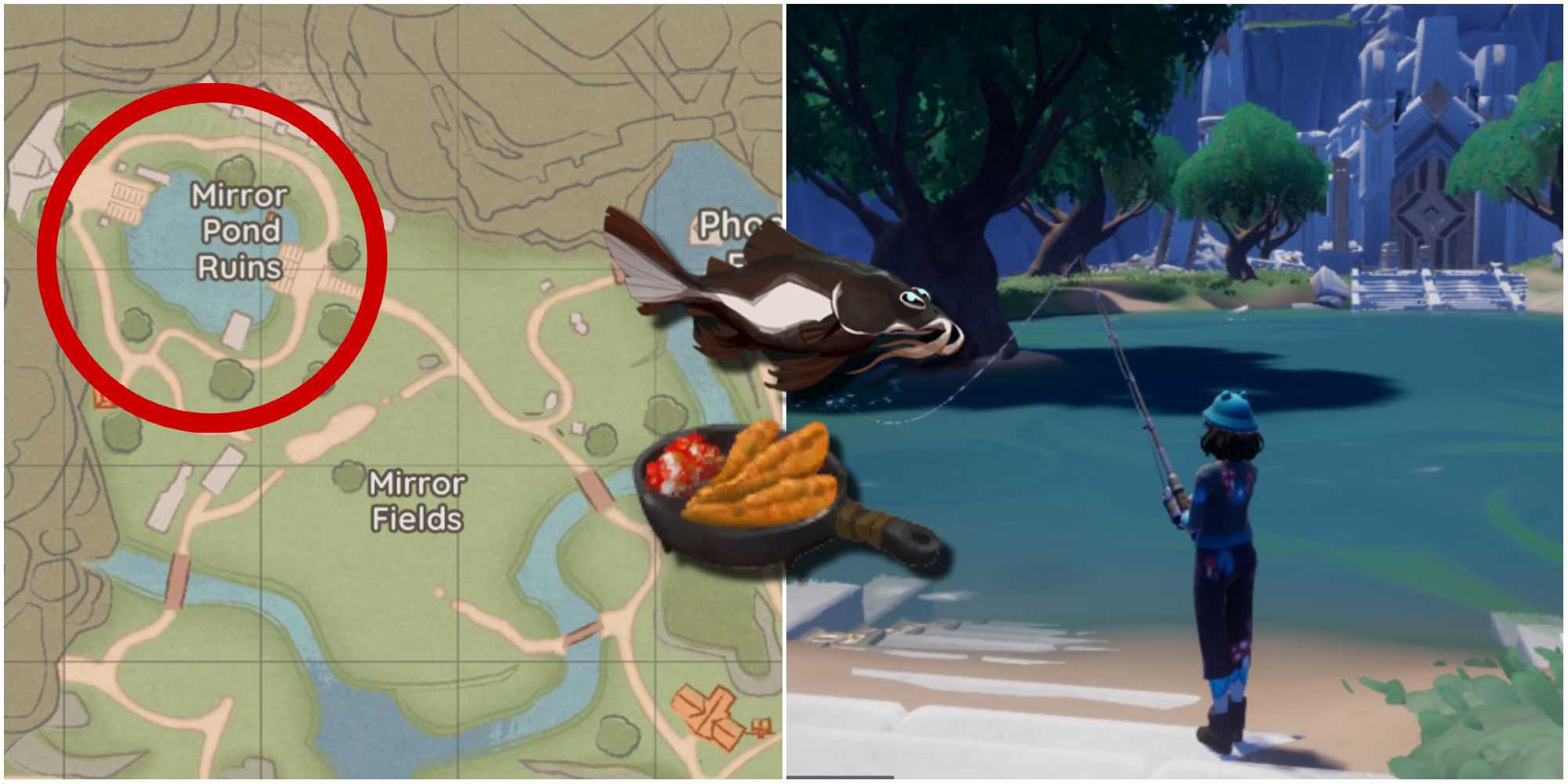 O mapa destacando as Ruínas do Lago Espelho e um personagem pescando no local