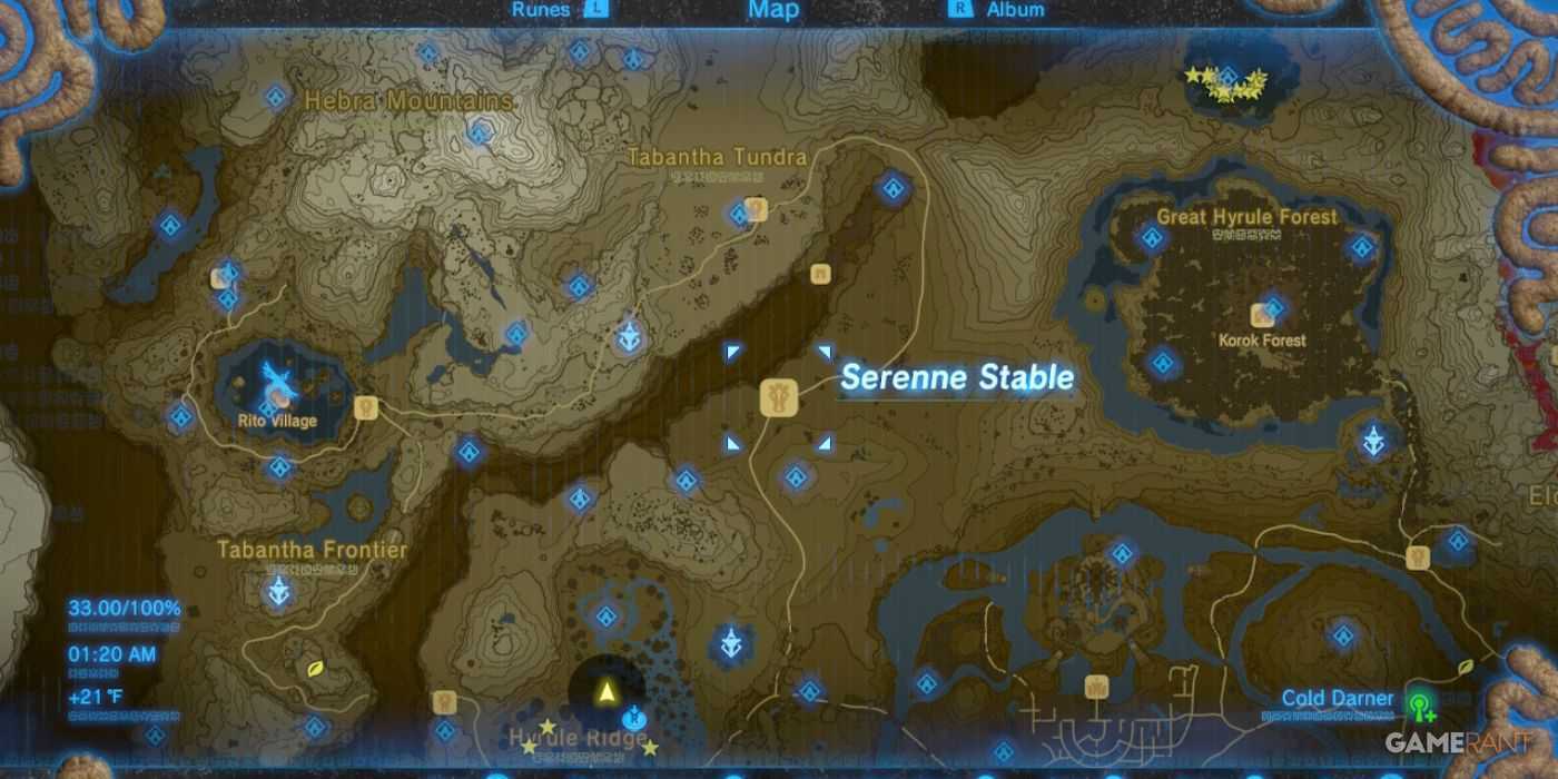 Um mapa mostrando a localização do Estábulo Serenne em The Legend of Zelda: Breath of the Wild.