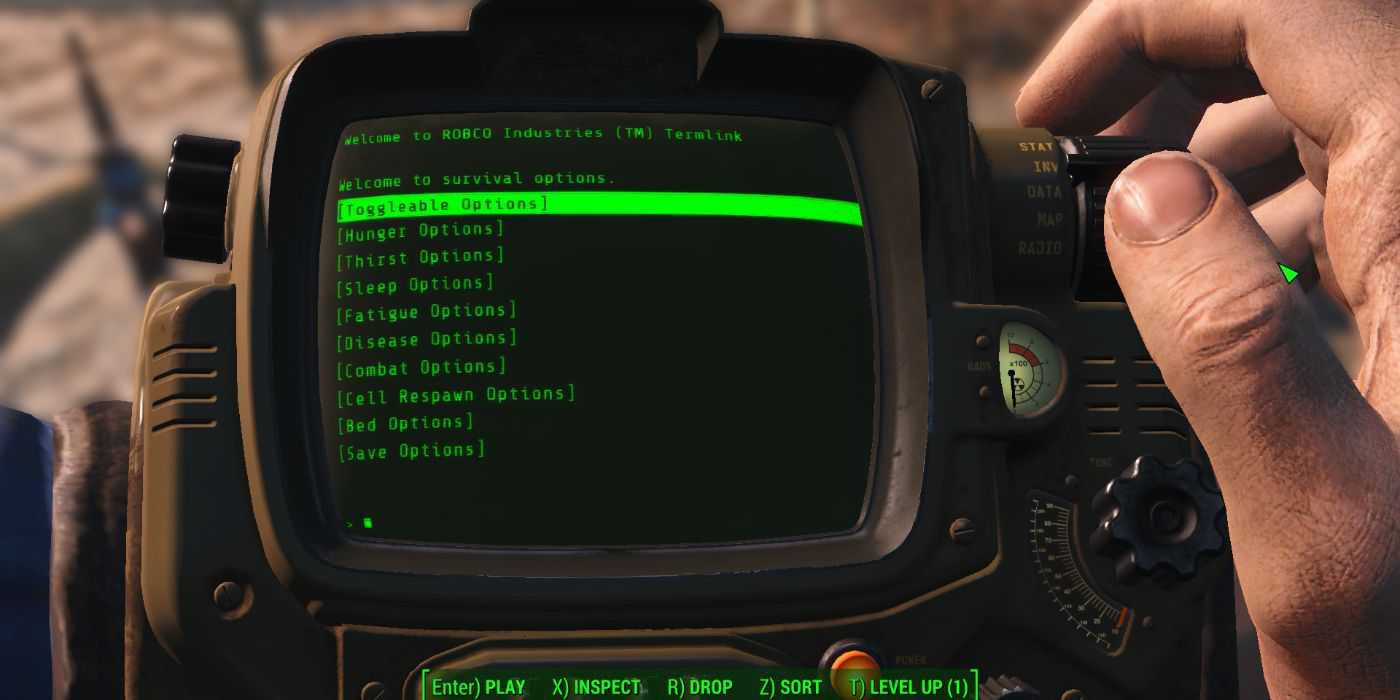 Configurações do mod de opções de sobrevivência do Fallout 4 no pipboy