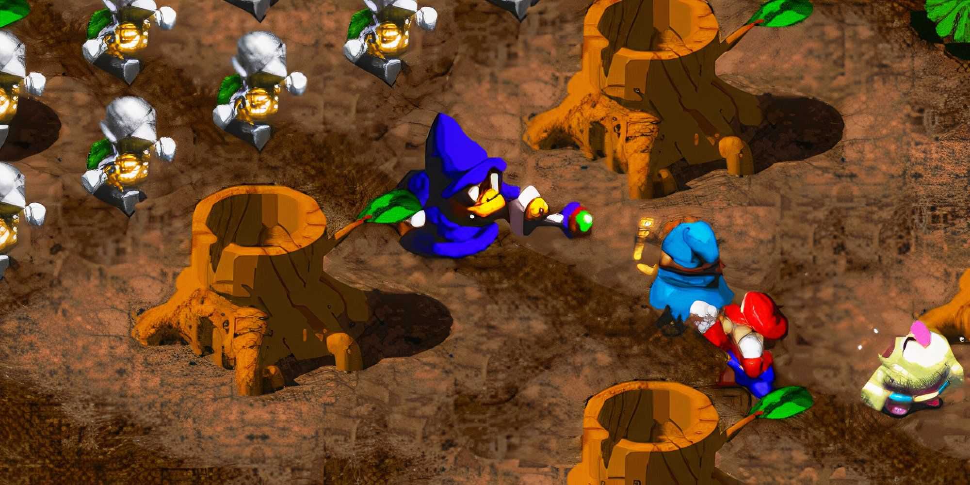 Uma cena com personagens do Super Mario RPG Legend of the Seven Stars