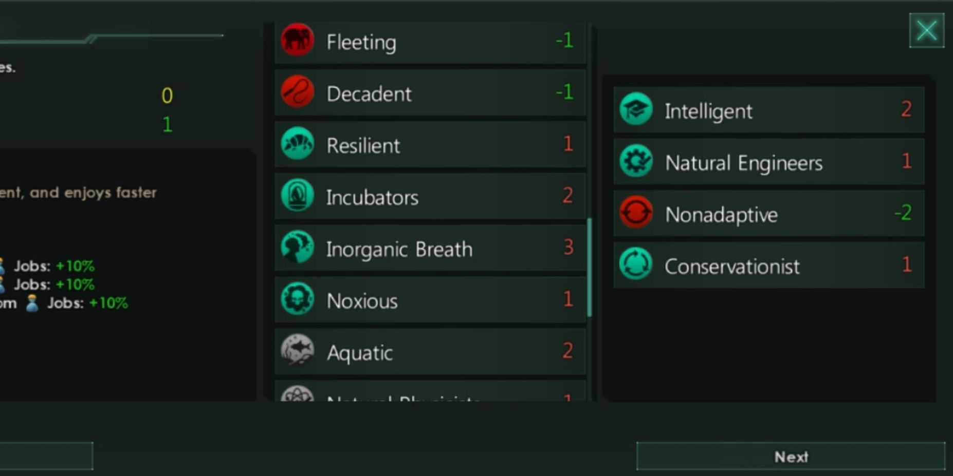 Captura de tela da lista de níveis de características Stellaris: inteligente não adaptativo