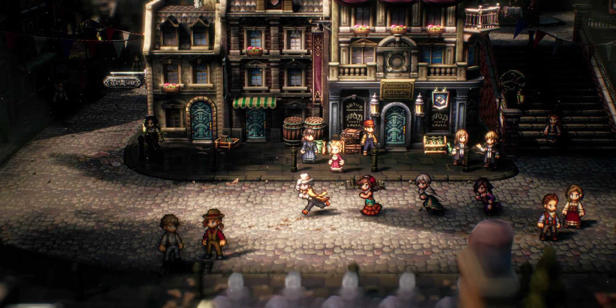 Octopath Traveler 2 - Correndo por uma rua de paralelepípedos