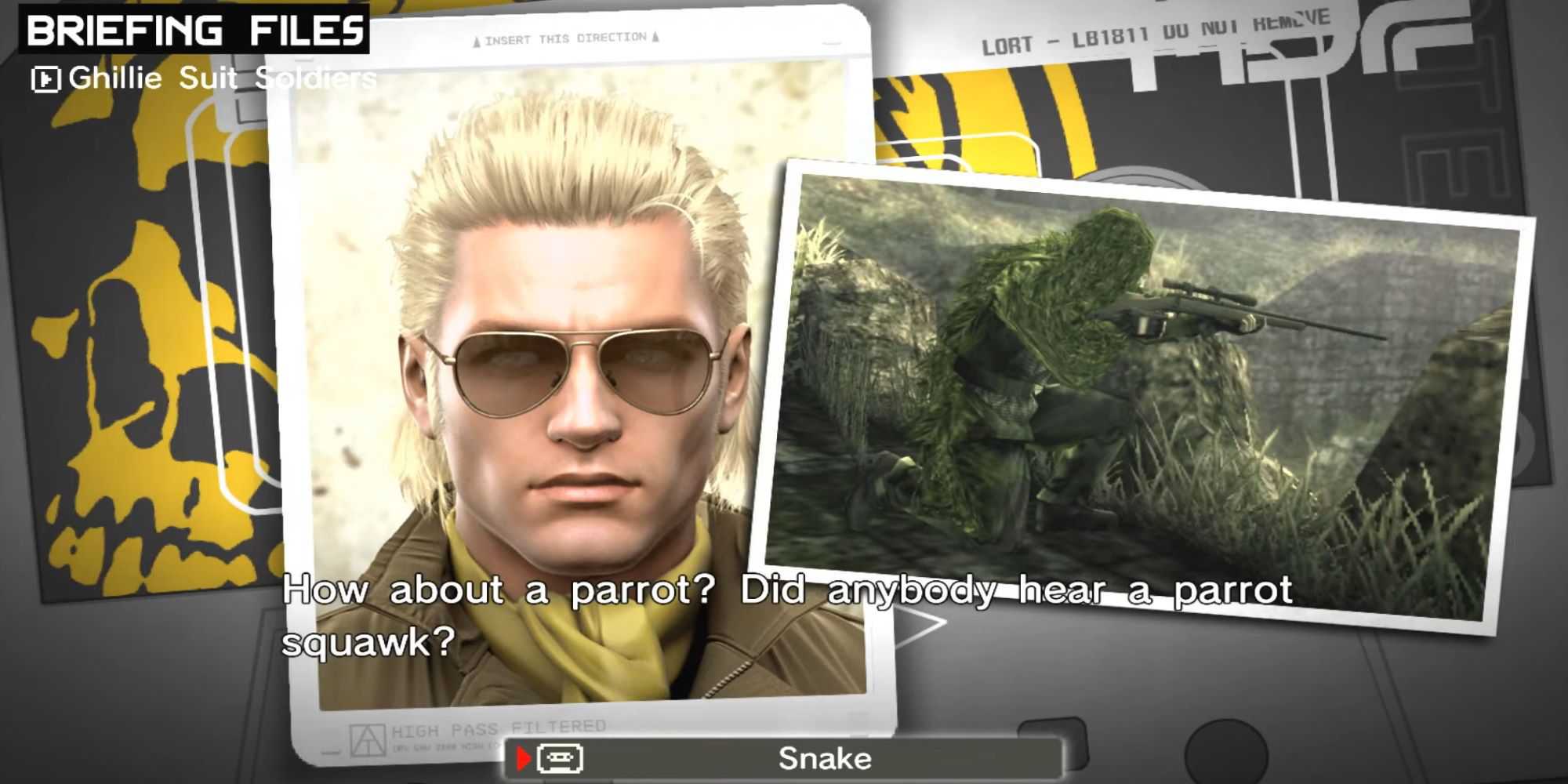 Snake And Kaz Talk About Snipers with pictures of Kaz and a sniper in a ghille suit in Metal Gear Solid: Peace Walker