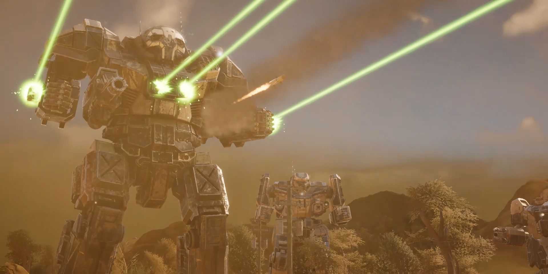 A Battletech mech shooting four green lasers into the distance with two mechs looking on.