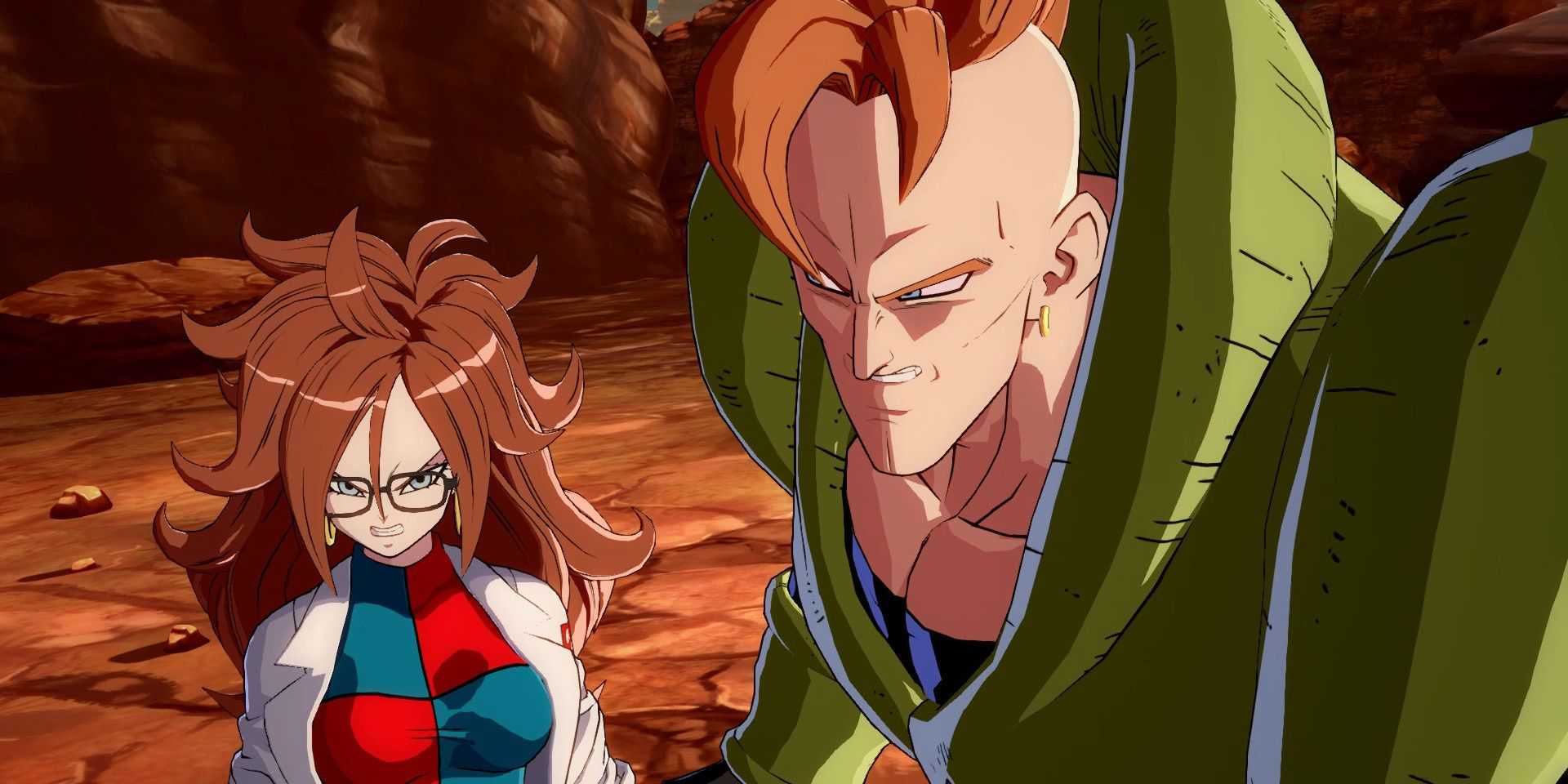 Androids 21 and 16 in a cutscene in Dragon Ball FighterZ