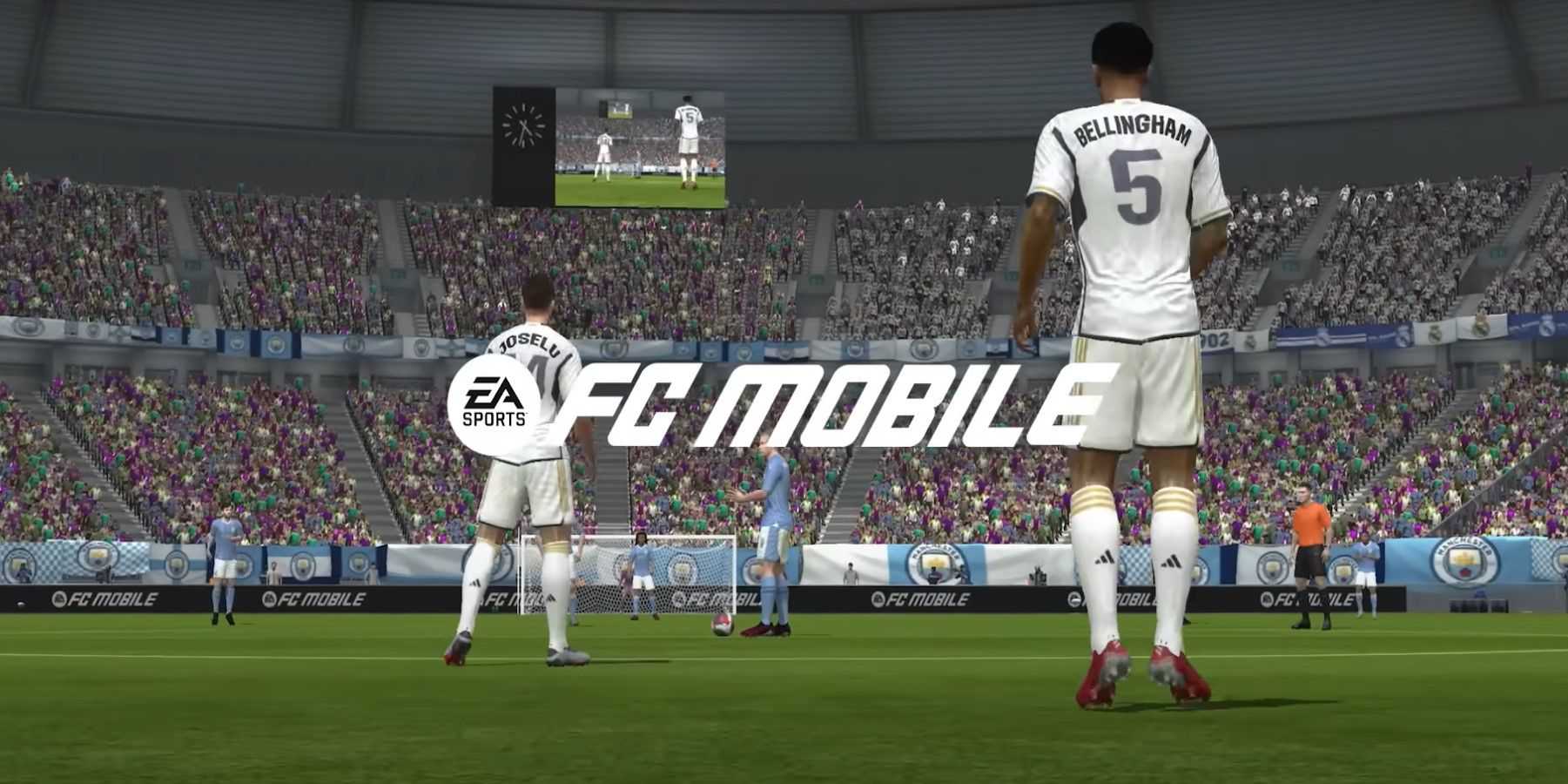 O logotipo do EA FC MOBILE na frente de um campo cheio de jogadores de futebol