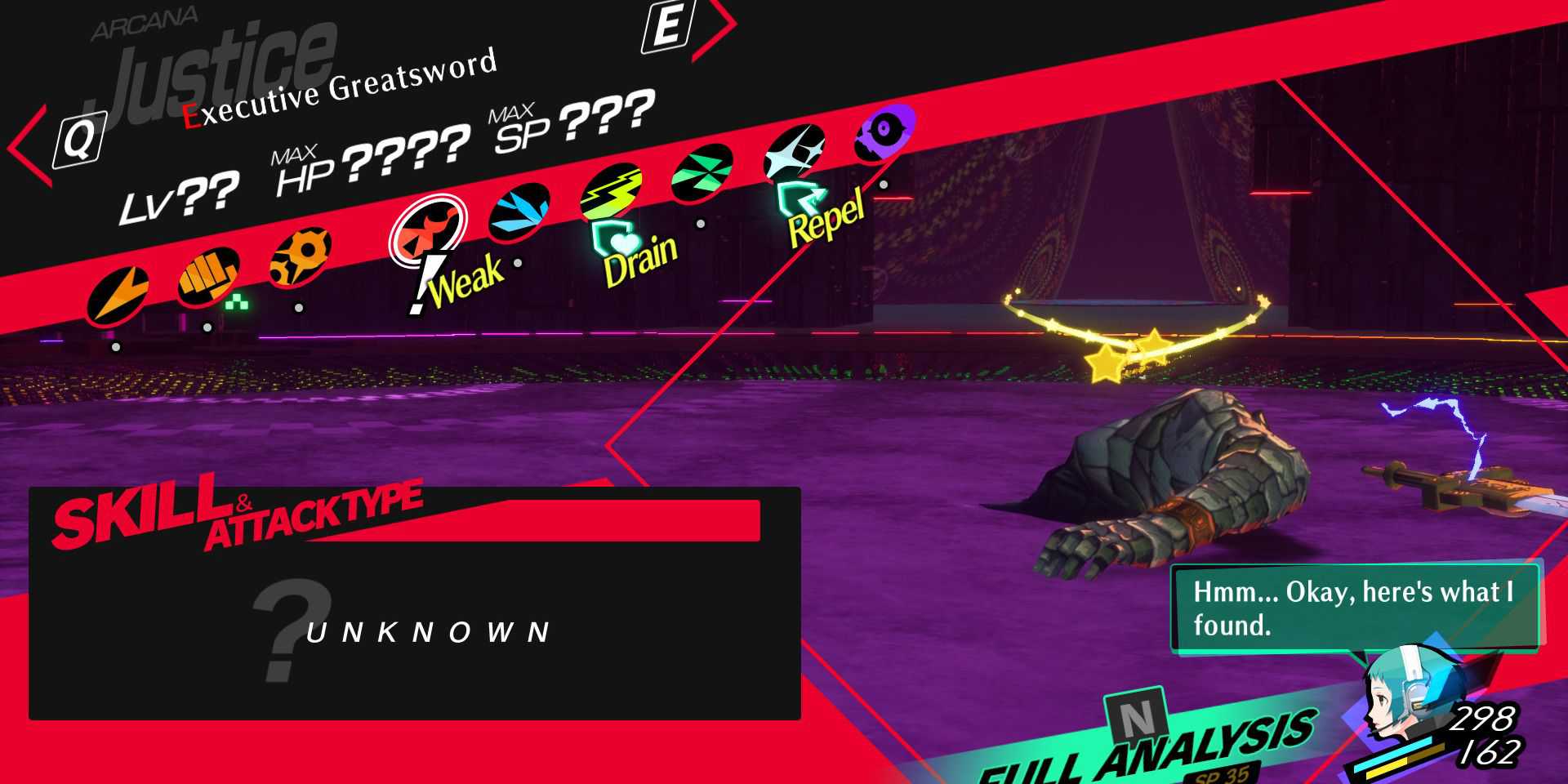 Image of the Executive Greatsword boss' weaknesses and resistances in Persona 3 Reload