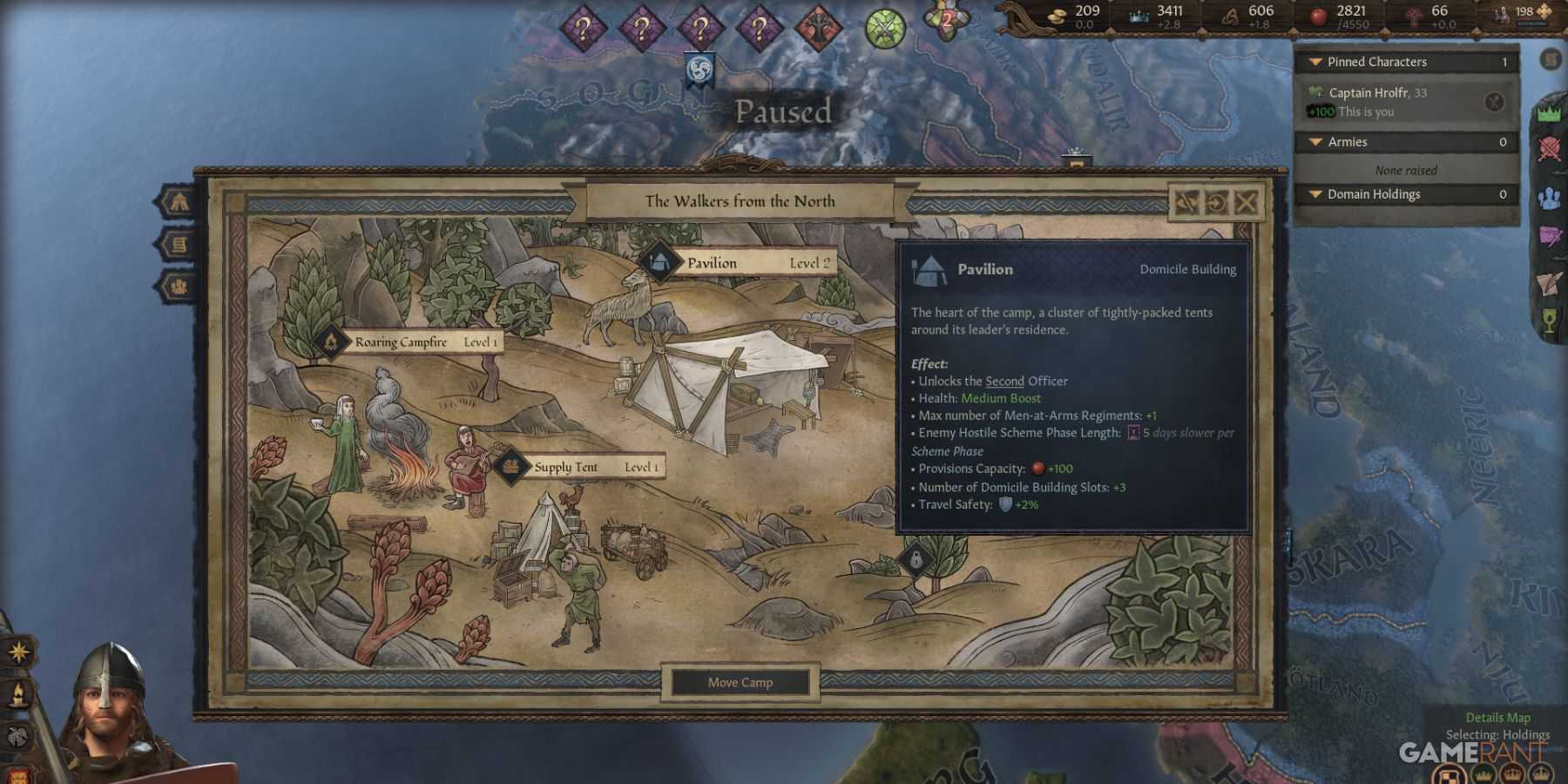 Revisando as estruturas e benefícios do acampamento para aventureiros sem terra em Crusader Kings 3, incluindo efeitos de pavilhão