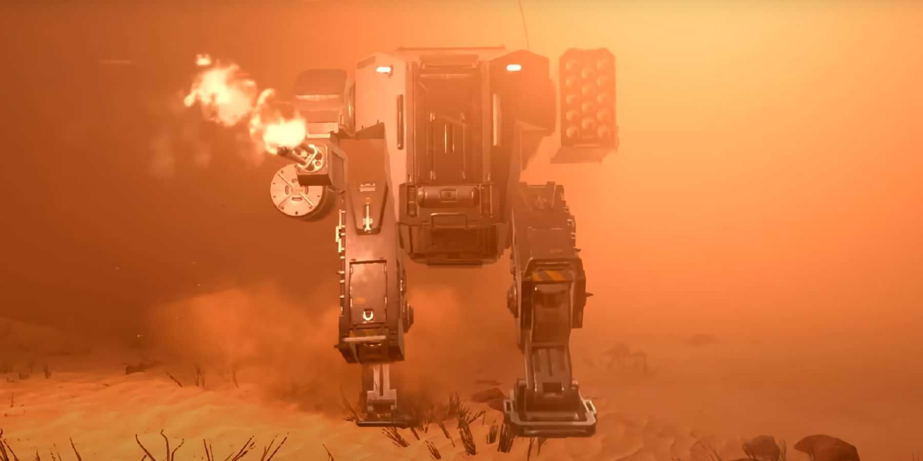 A screenshot from Helldivers 2 showing the EXO-45 Patriot mech suits.