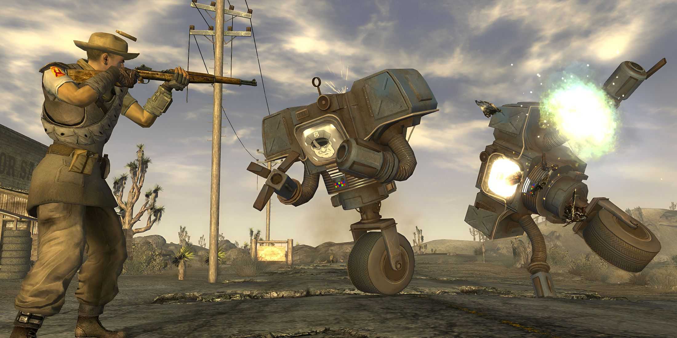 fallout new vegas guy shooting robots