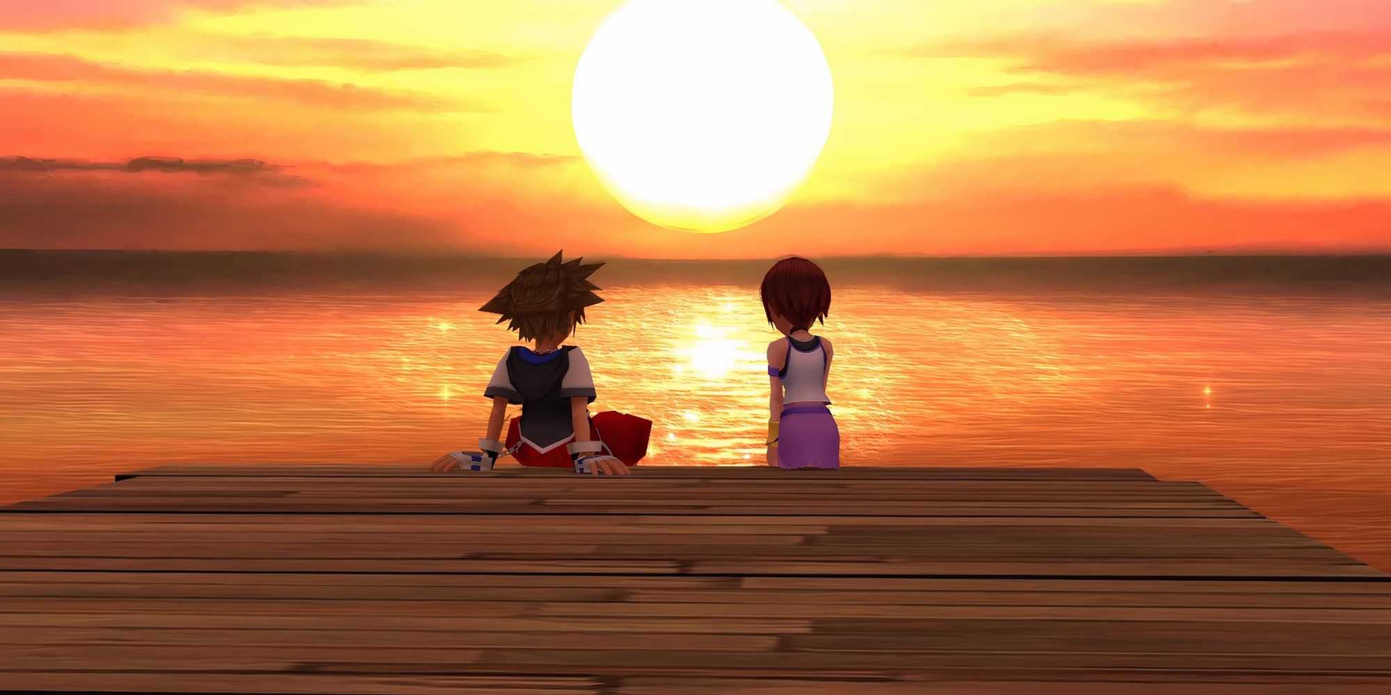 Sora and Kairi looking at a sunset in Kingdom Hearts