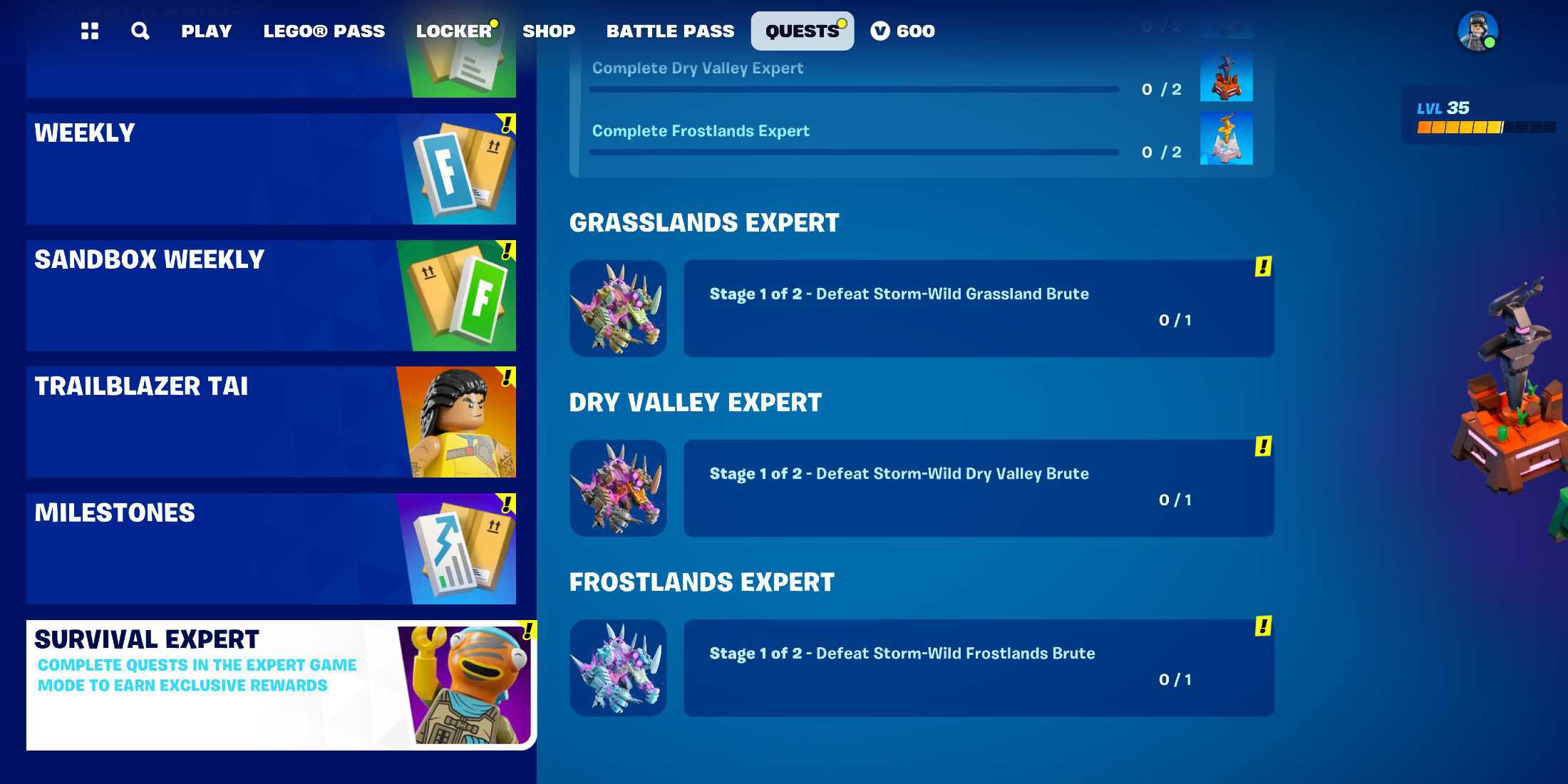 Screenshot showcasing how to unlock every Trophy in LEGO Fortnite via the Survival Expert Quests 